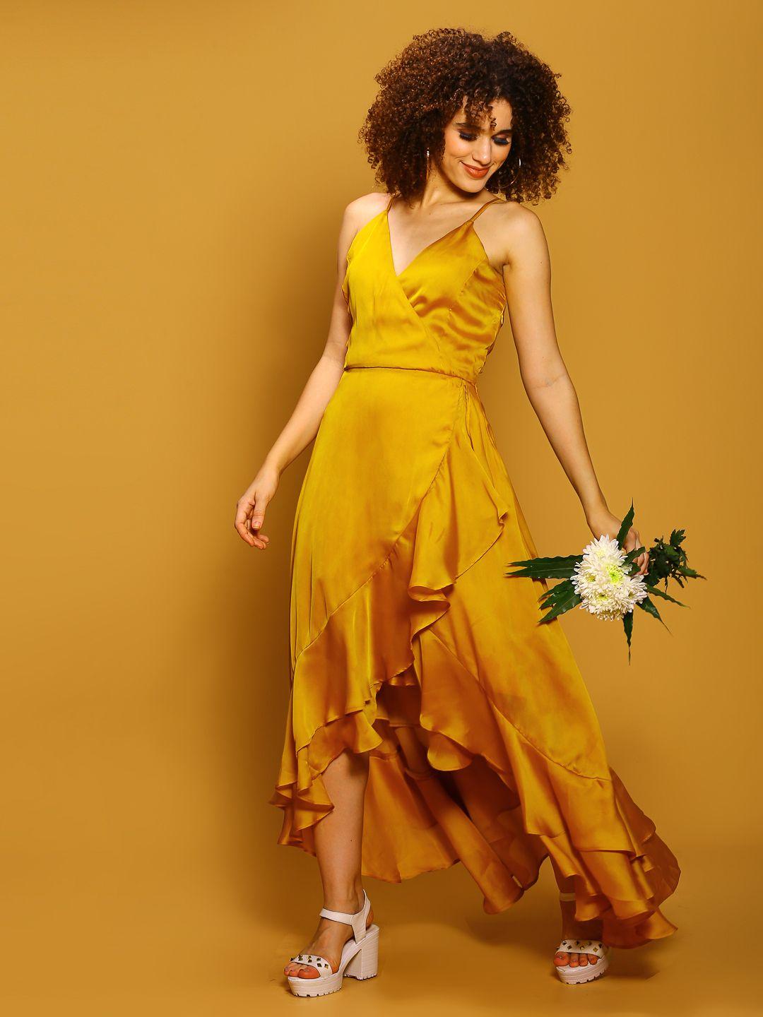 sera yellow shoulder straps ruffled satin maxi dress