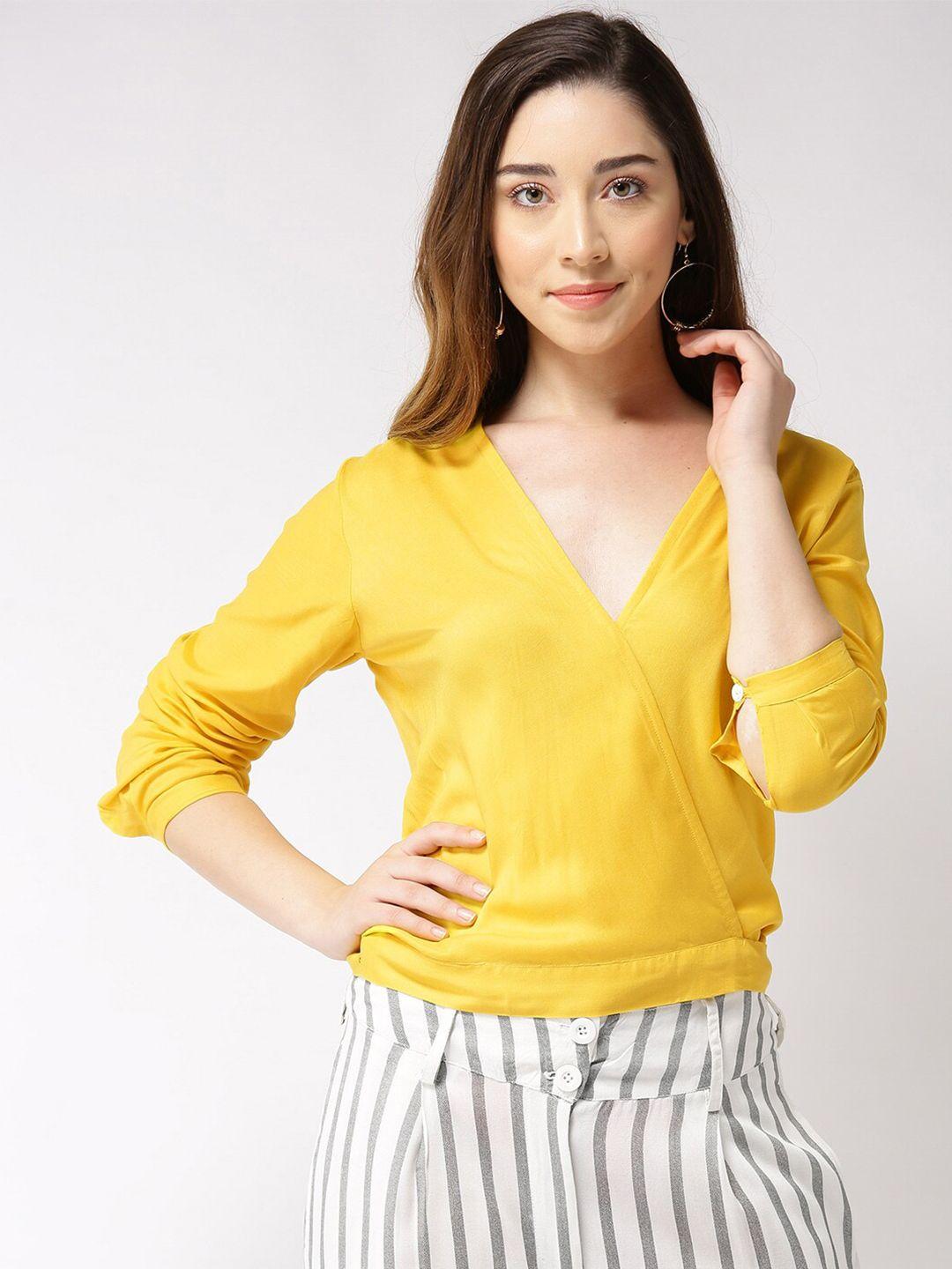 sera yellow v-neck long sleeves wrap top