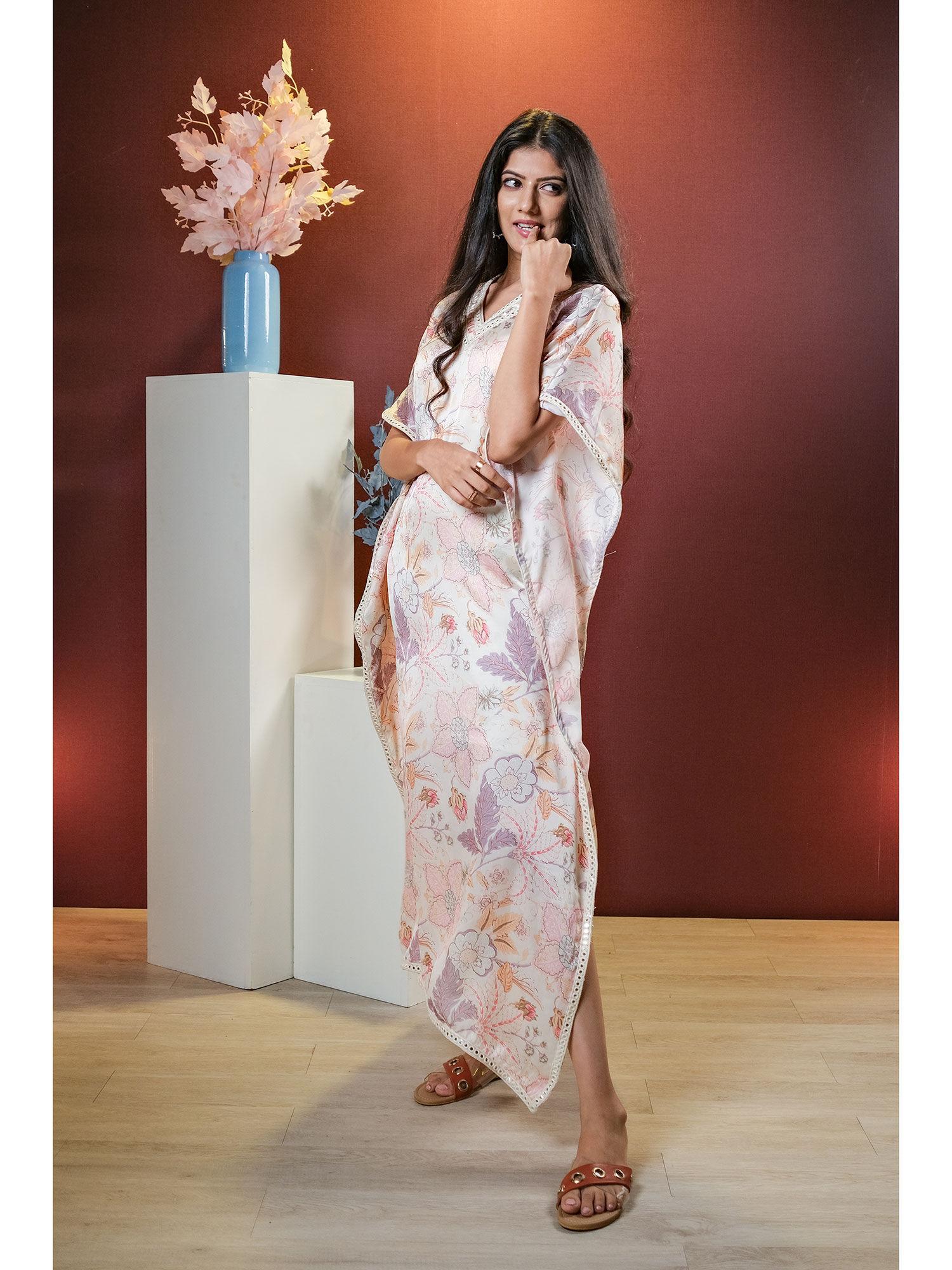 serene silk floral long kaftan dress with inner (set of 2)