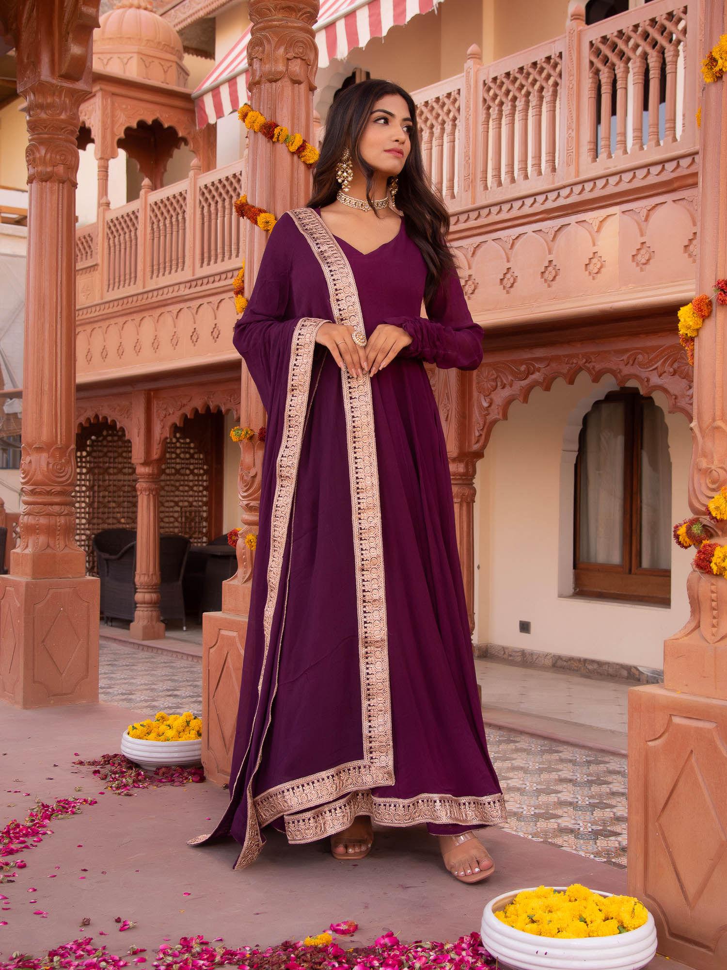 serene wine gotapatti georgette anarkali suit (set of 3)