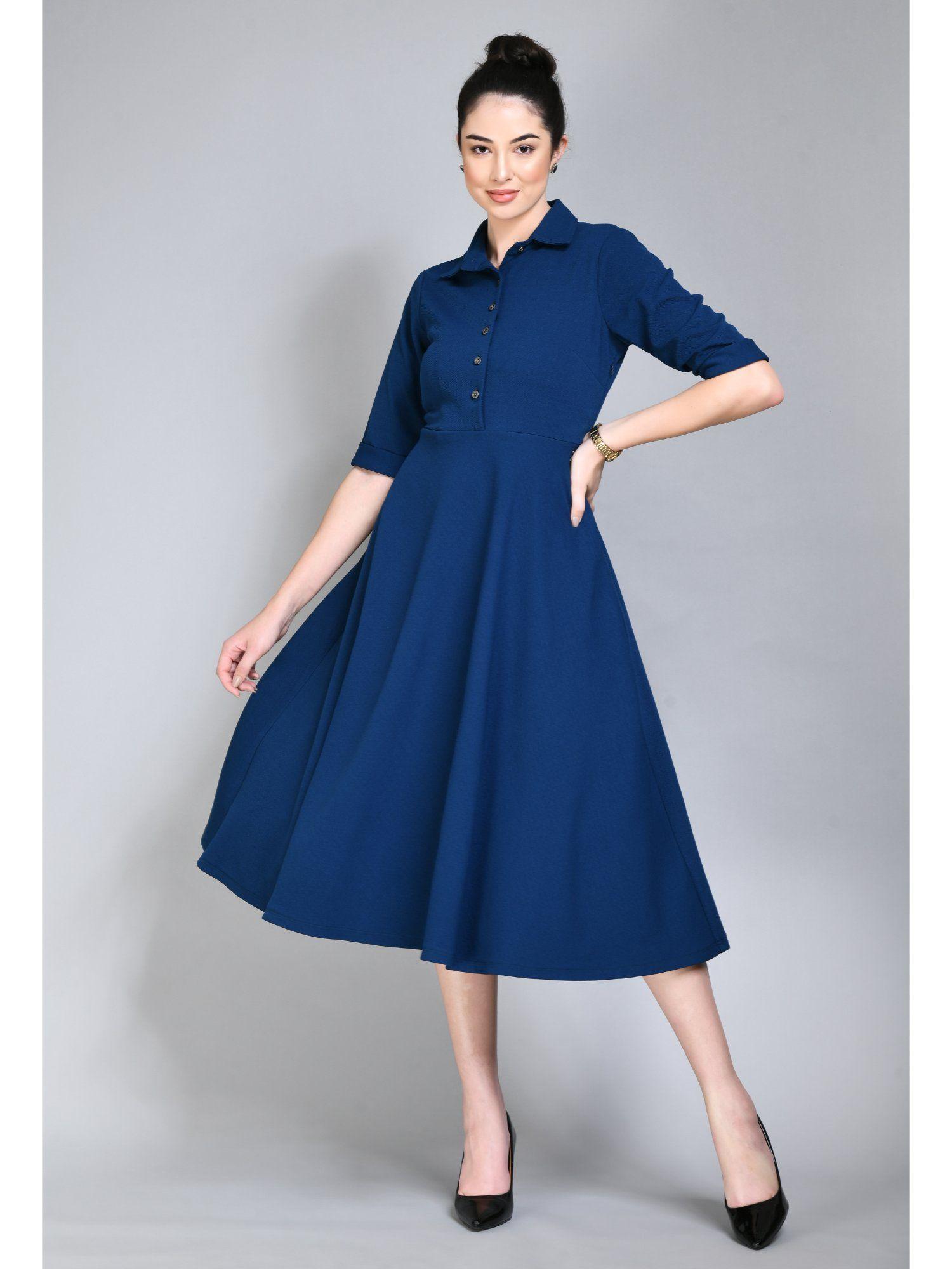 serenity fit and flared shirt midi dress - royal blue