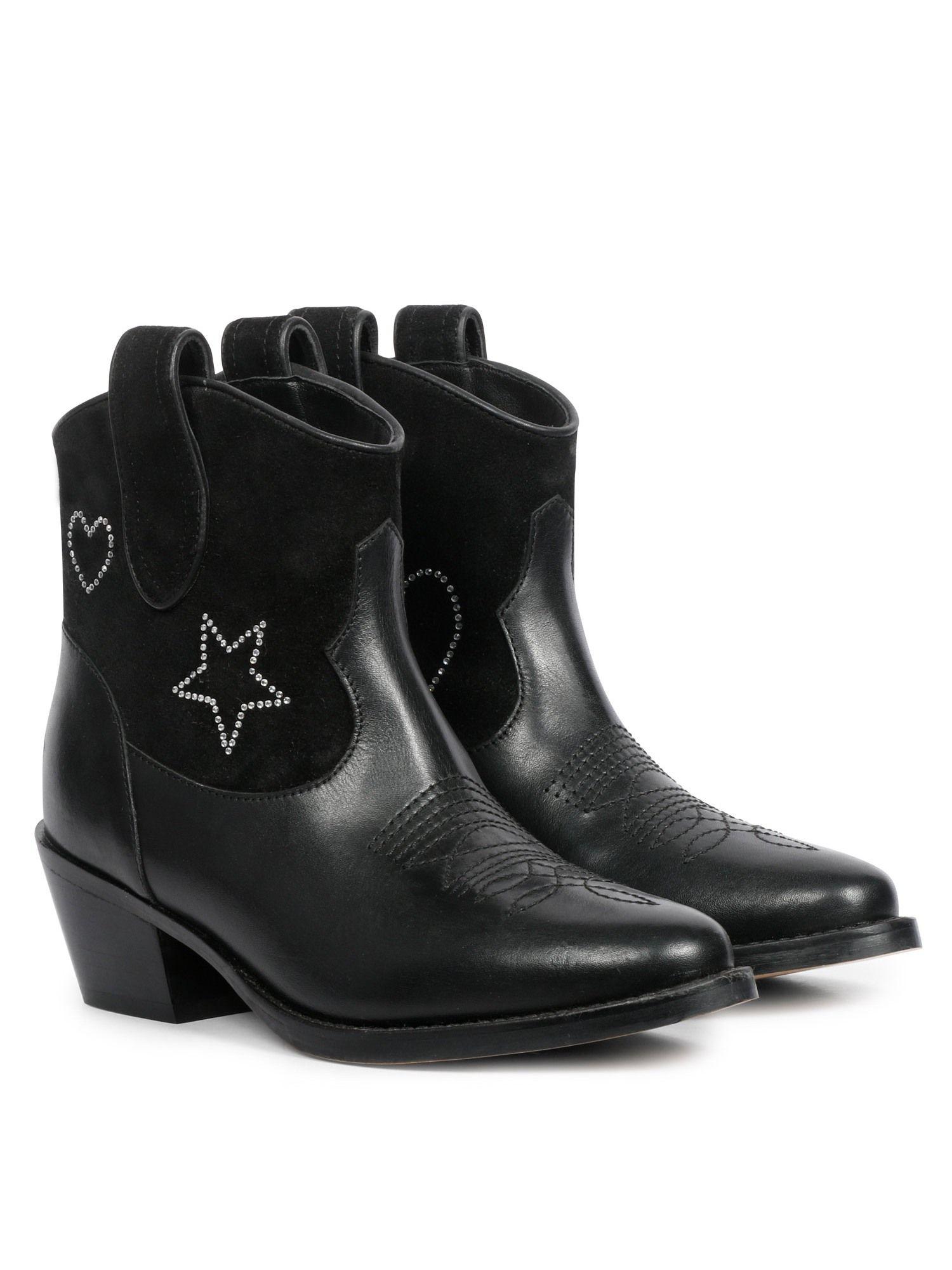 serenity silver star embellished black leather ankle boots