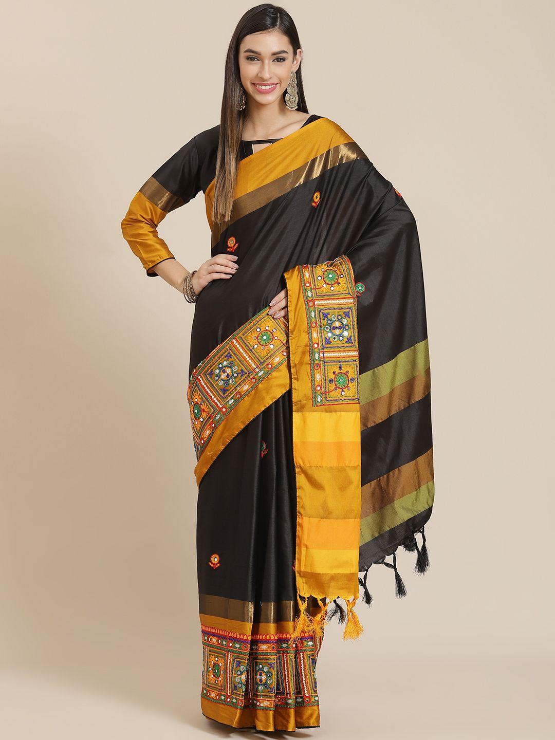 serona fabrics black & mustard yellow ethnic motifs mirror work silk cotton saree