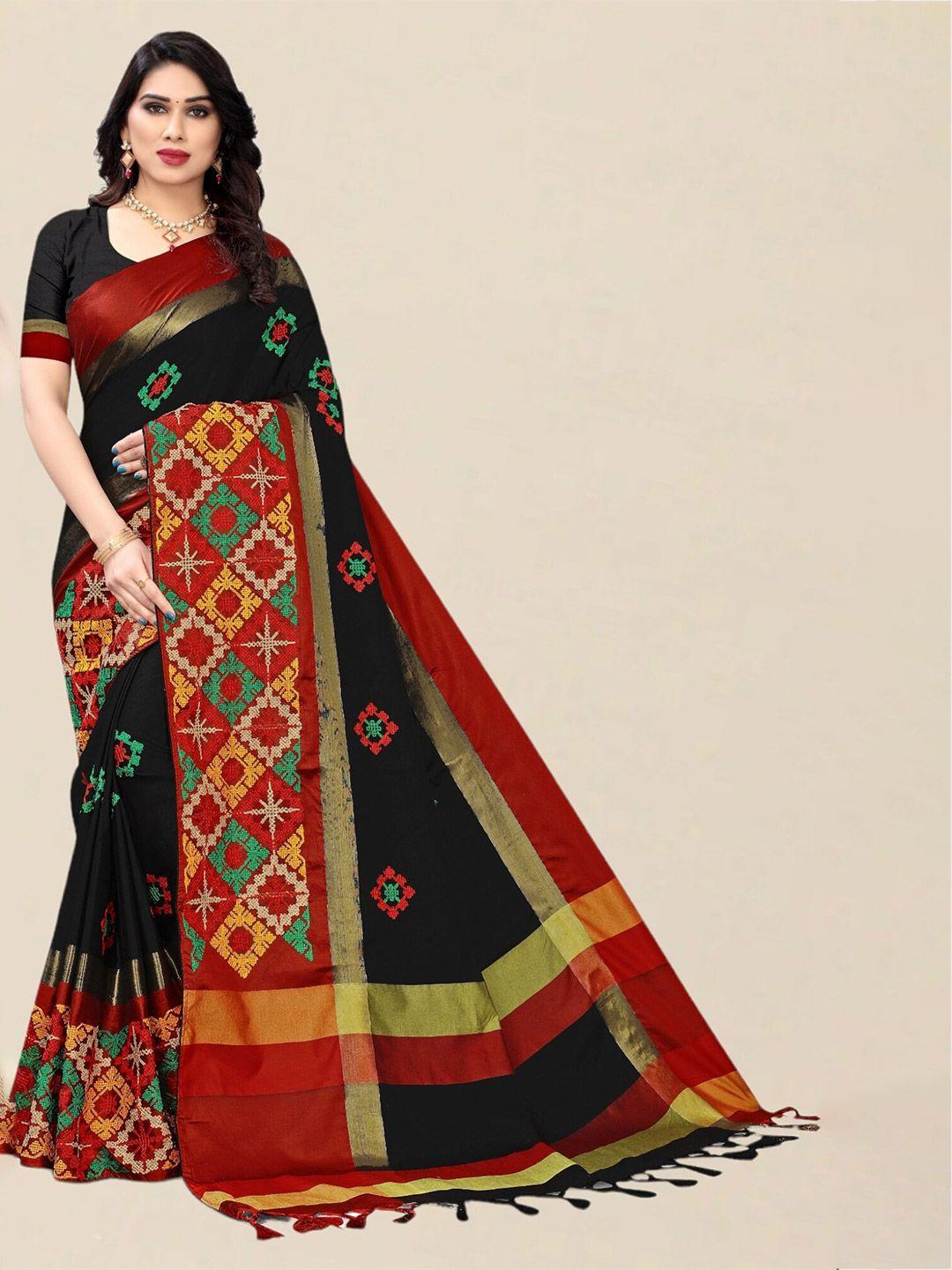 serona fabrics black & red embellished kutchi embroidery silk cotton  saree