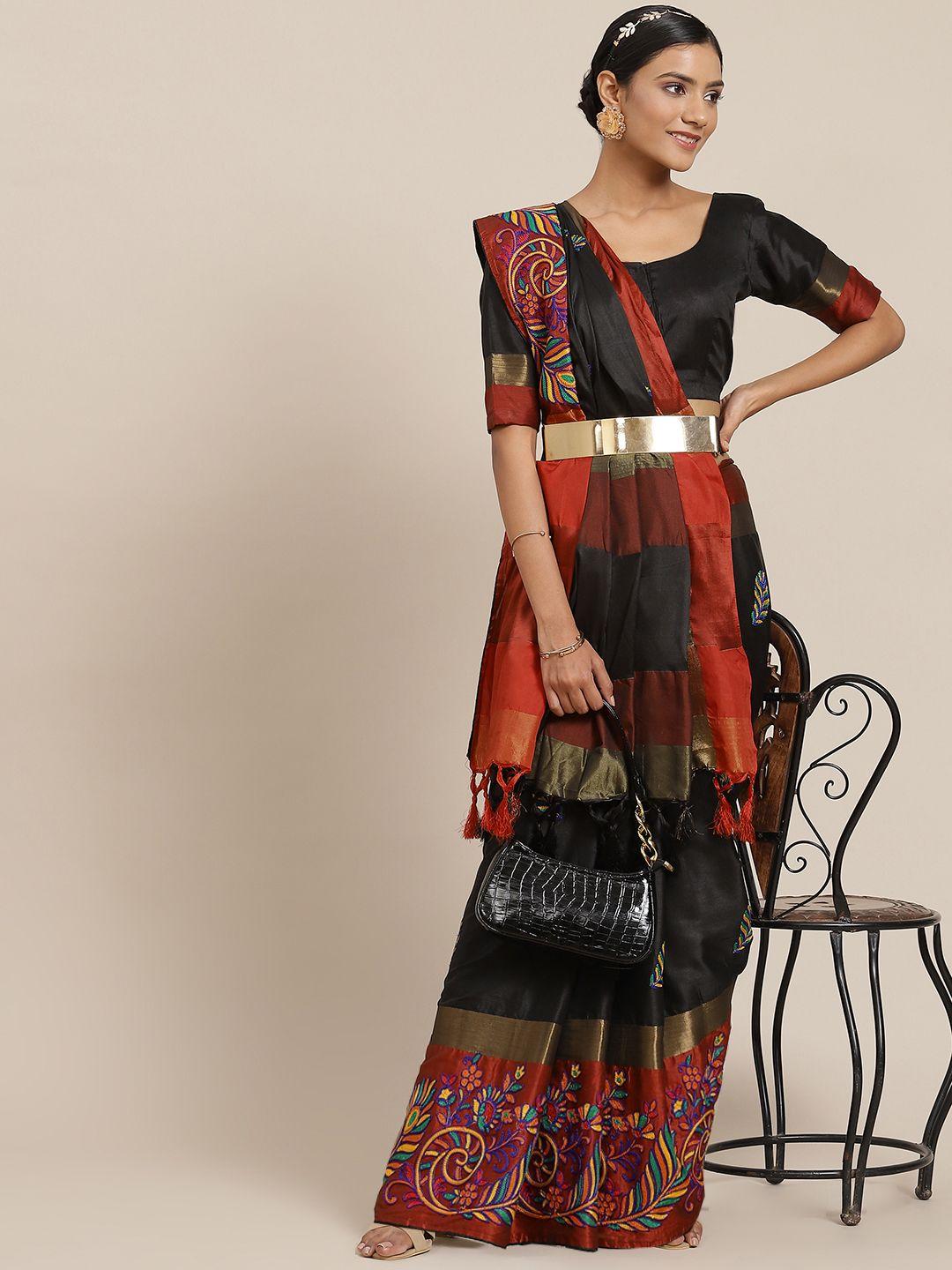 serona fabrics black & red ethnic motifs embroidered silk cotton saree