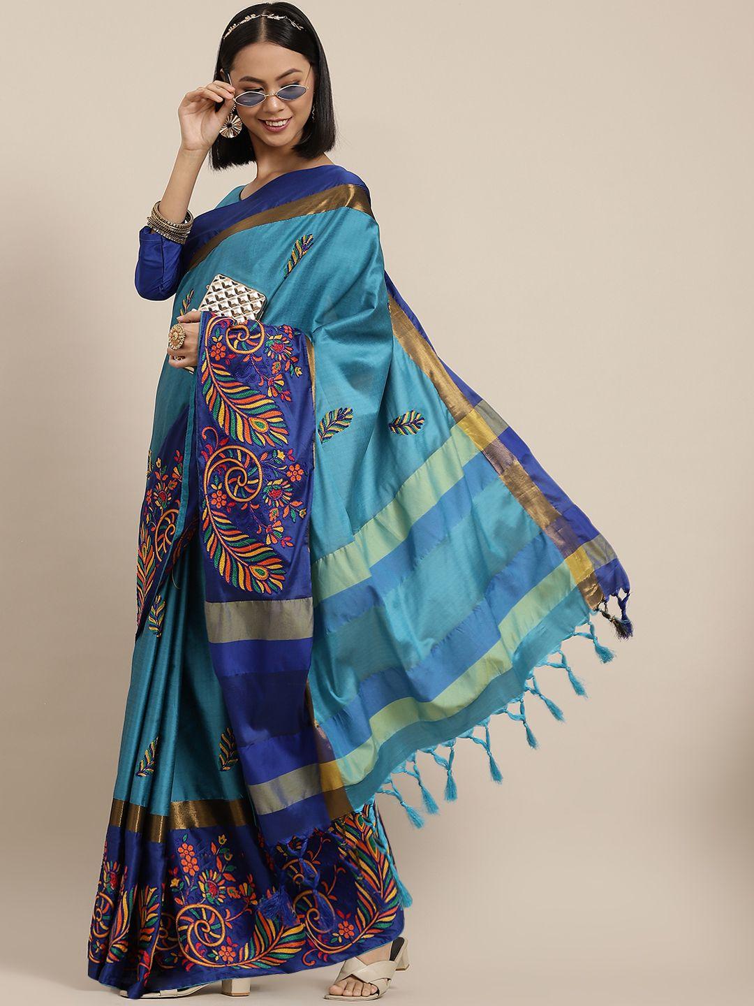 serona fabrics blue & yellow ethnic motifs embroidered silk cotton  saree