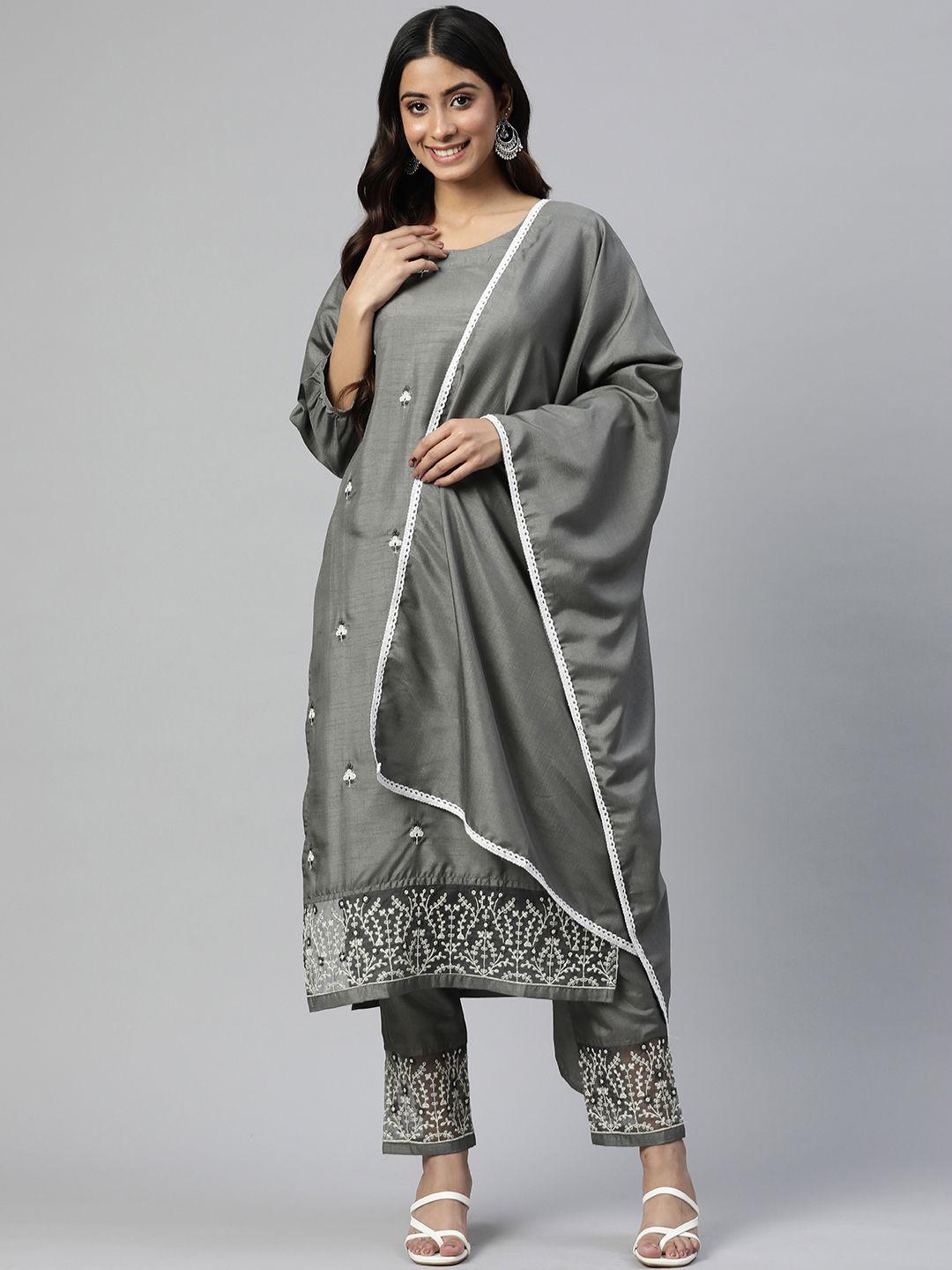 serona fabrics embroidered silk chiffon kurta with trousers & dupatta
