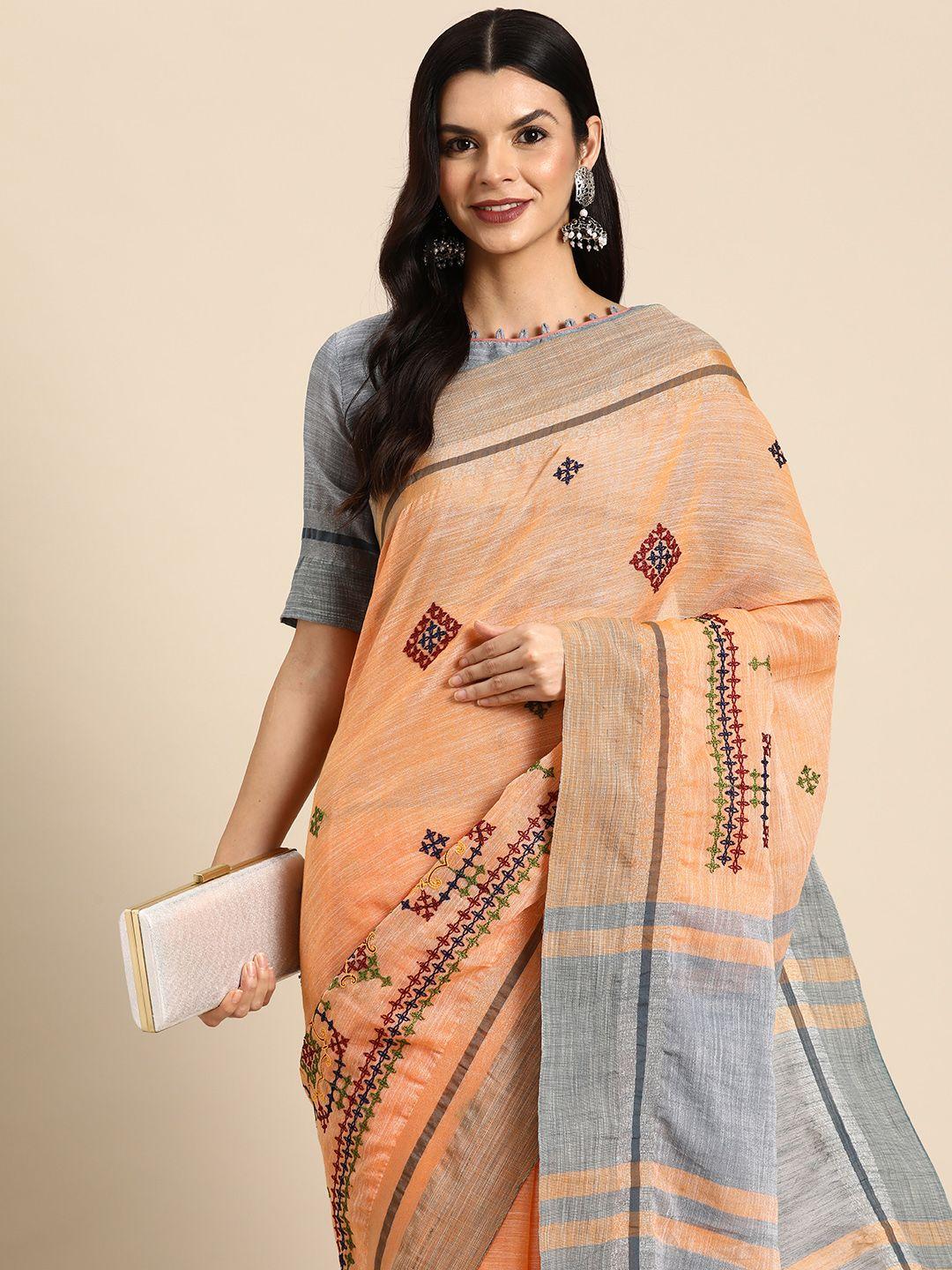 serona fabrics ethnic motifs embroidered linen cotton saree