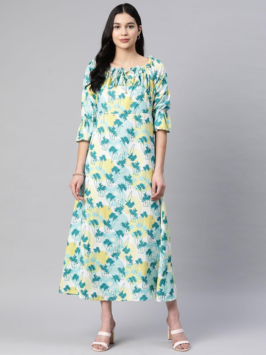 serona fabrics floral tie-up neck puff sleeves a-line midi dress