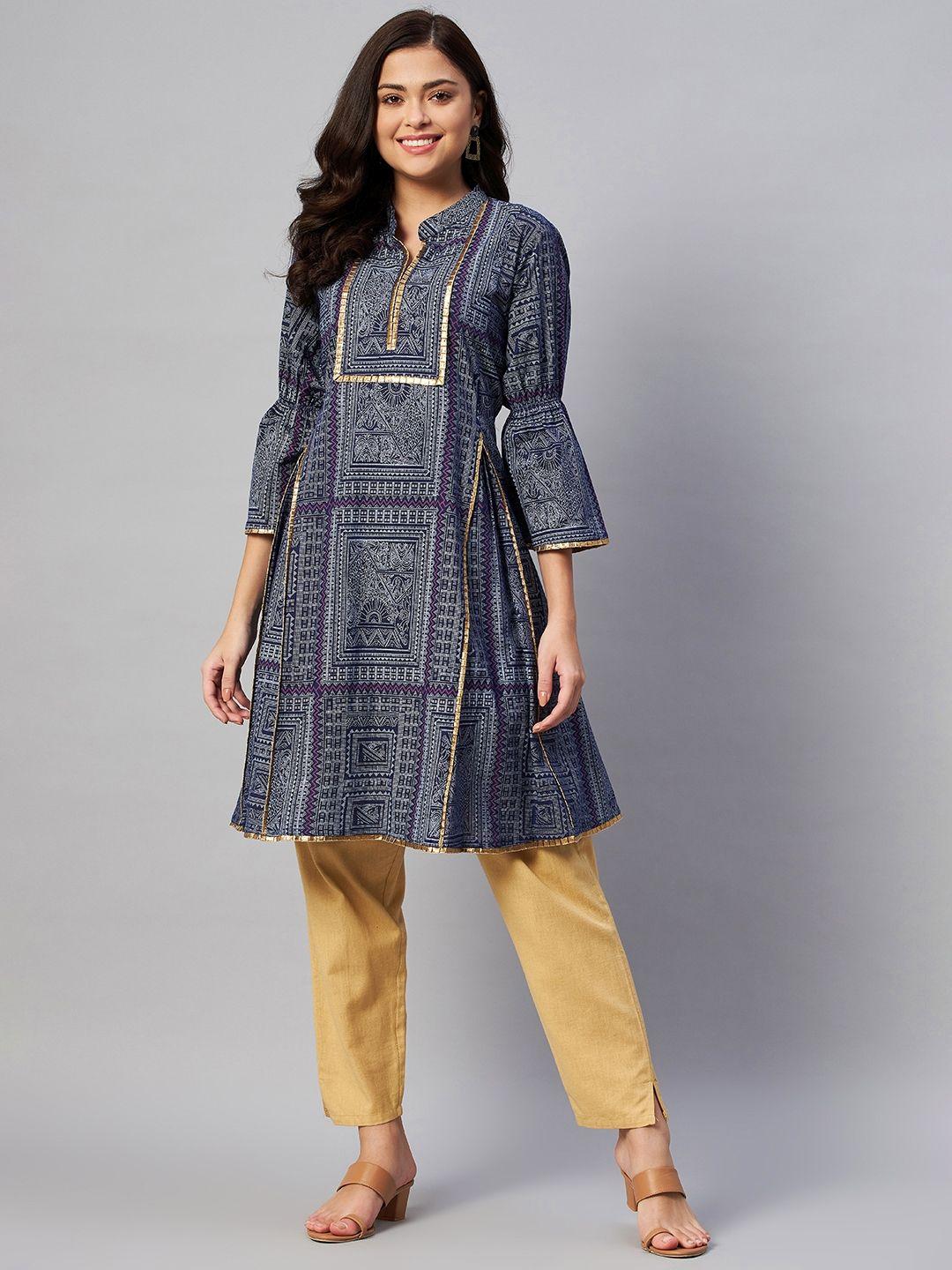 serona-fabrics-navy-blue-mandarin-collar-printed-cotton-tunic