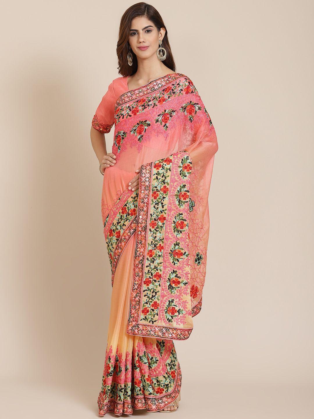 serona fabrics peach-coloured floral embroidered pure chiffon ready to wear saree