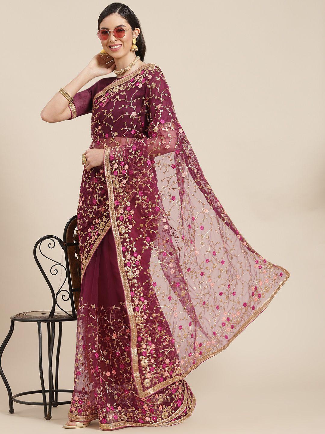 serona fabrics purple & golden ethnic motifs embroidered net saree