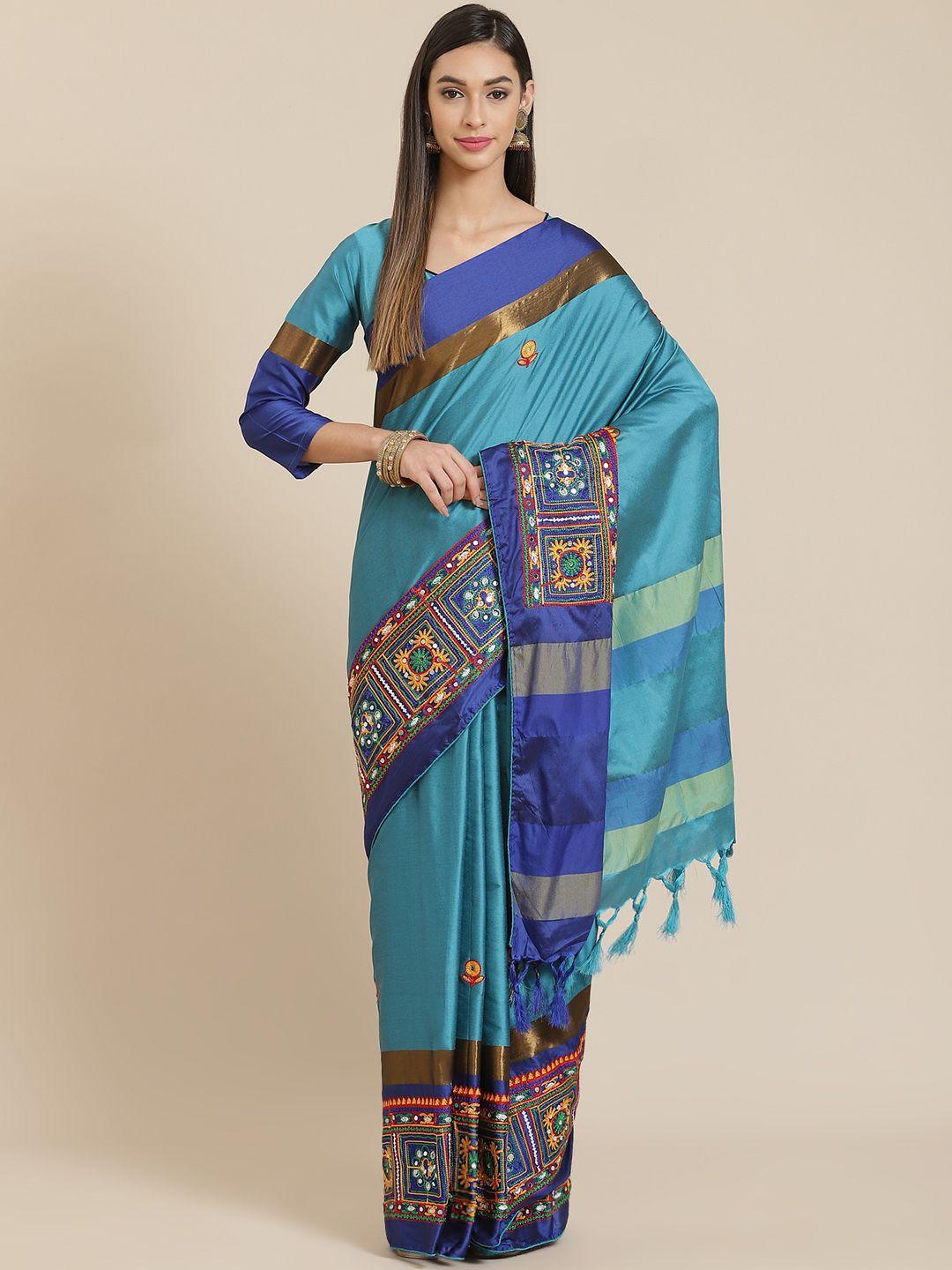 serona fabrics turquoise blue ethnic motifs embroidered mirror work silk cotton saree