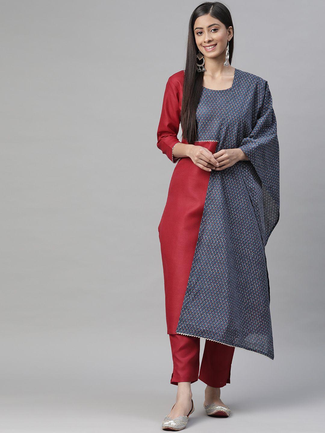 serona fabrics women maroon floral yoke design gotta patti kurta with trousers & dupatta