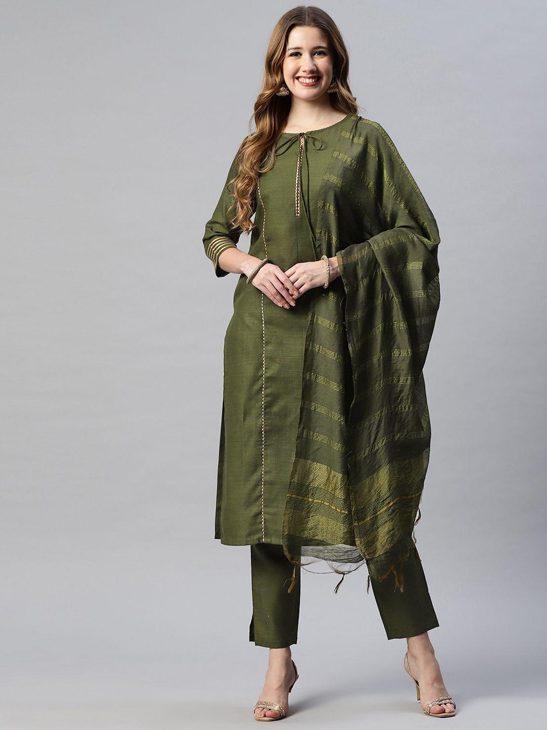 serona fabrics women olive green gotta patti kurta with trousers & with dupatta