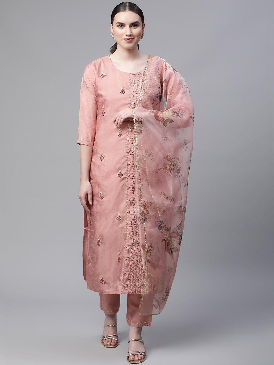 serona fabrics women pink floral printed beads and stones kurta with trousers & dupatta