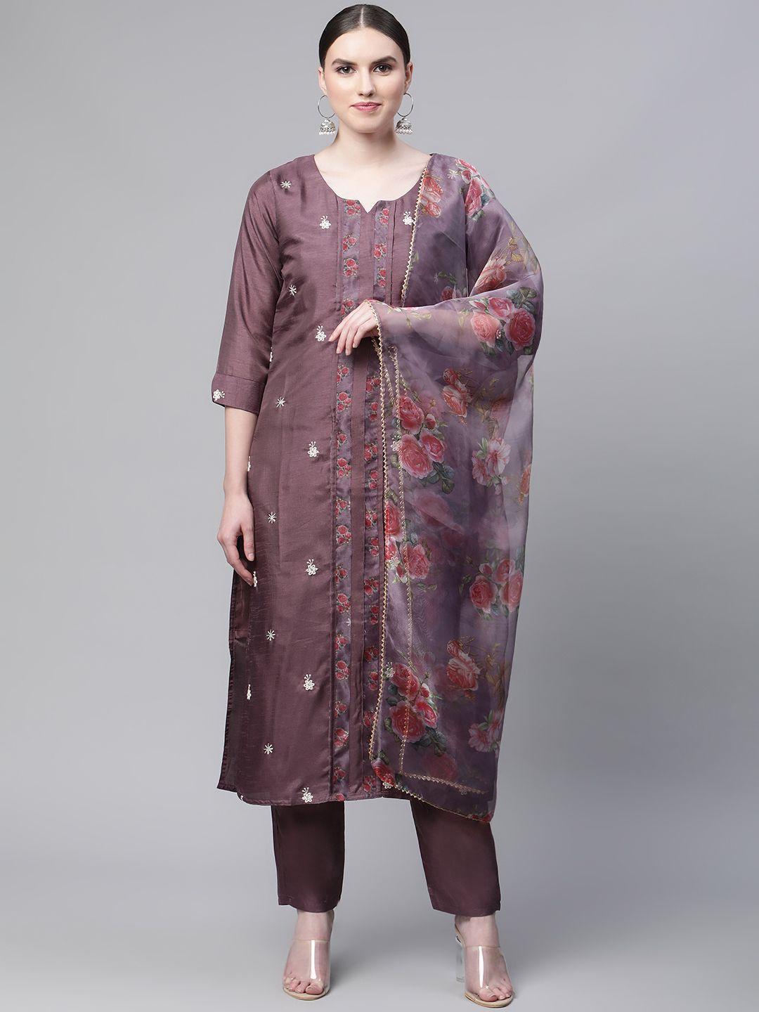 serona fabrics women purple floral embroidered silk chiffon kurta with trousers & dupatta