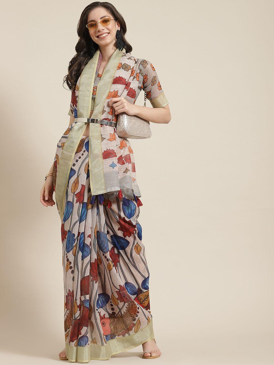 serona fabrics beige & blue ethnic motifs linen blend saree