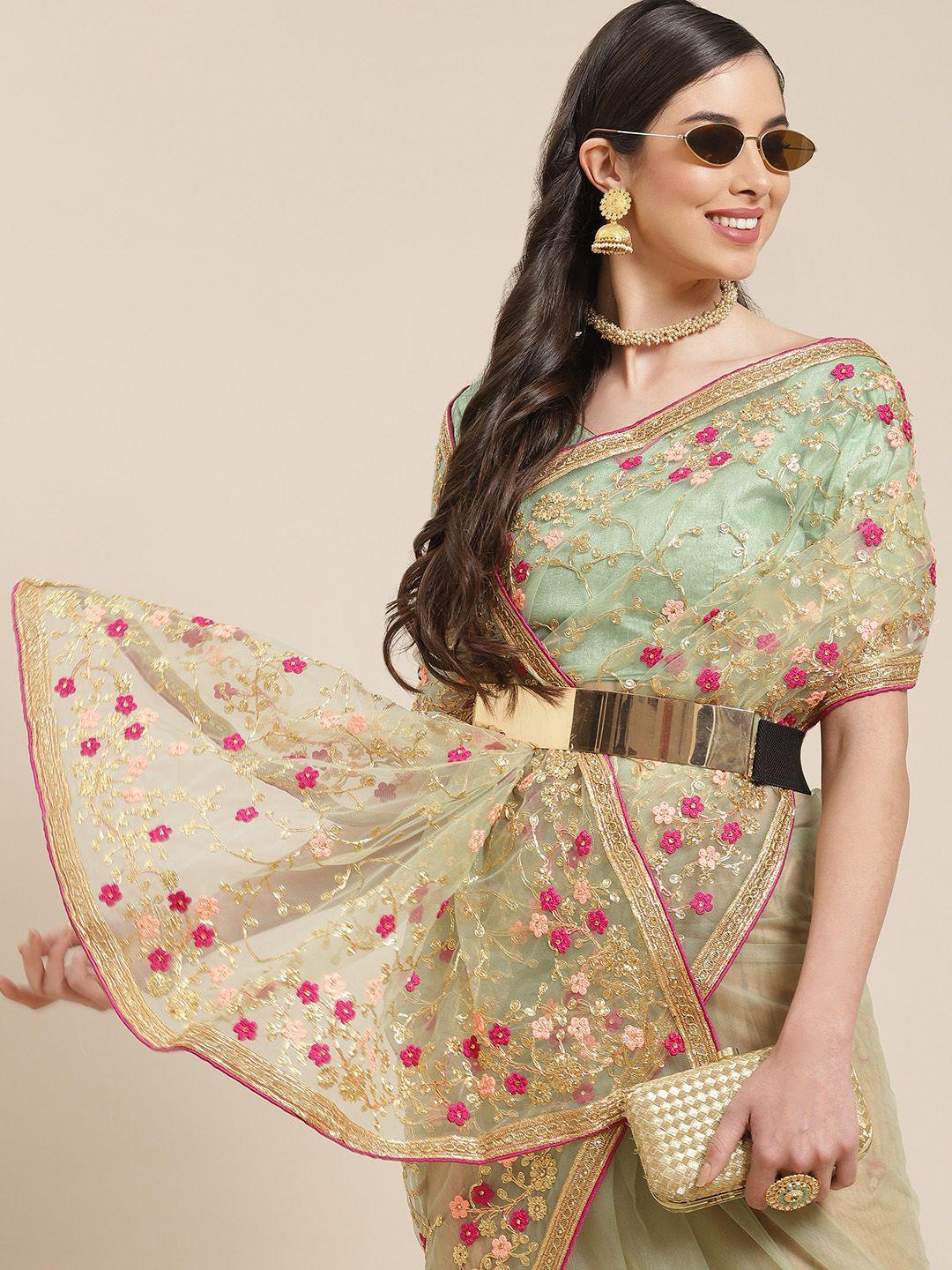 serona fabrics beige & pink ethnic motifs embroidered net saree