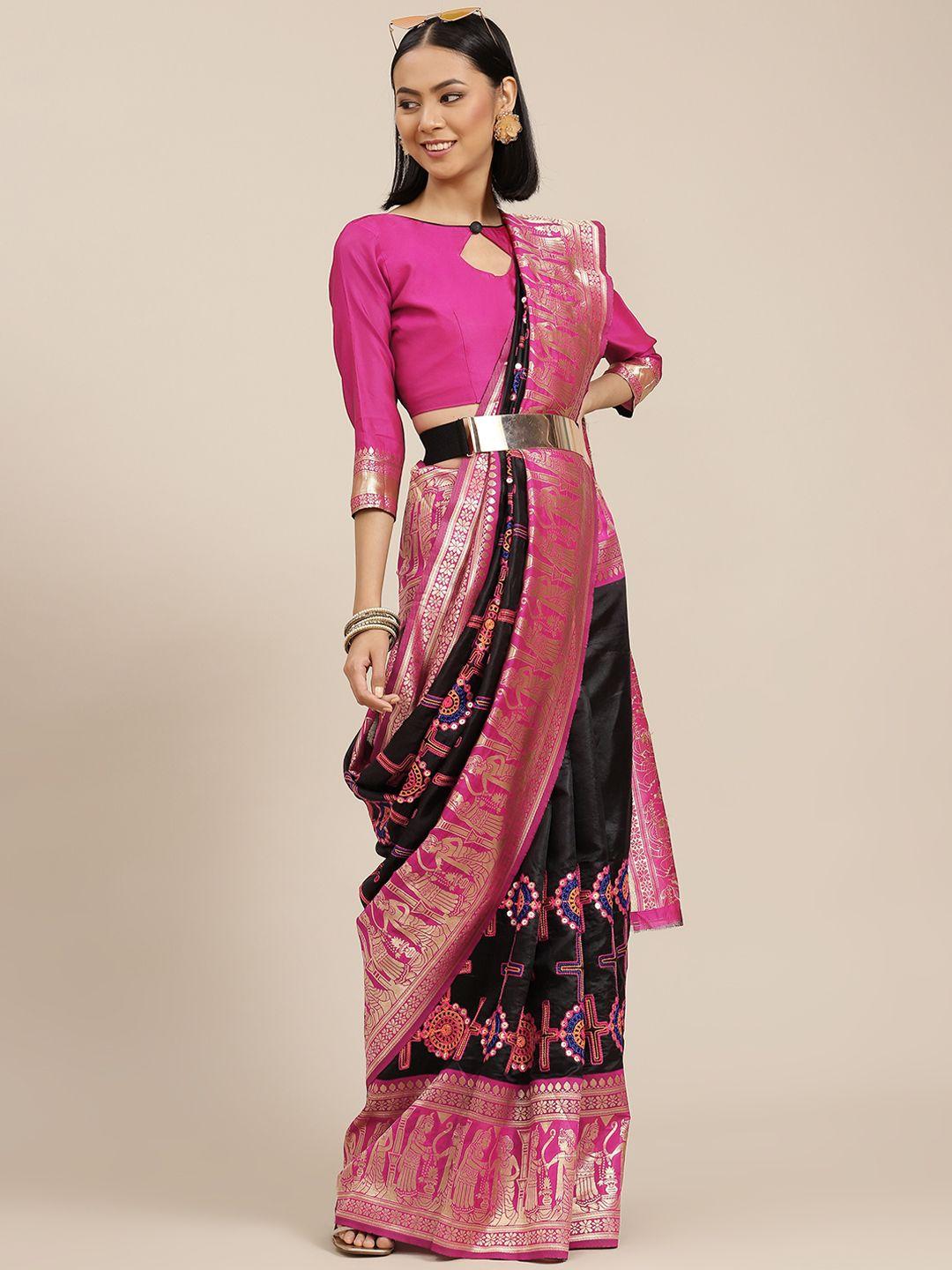 serona fabrics black & pink woven design zari silk blend banarasi saree