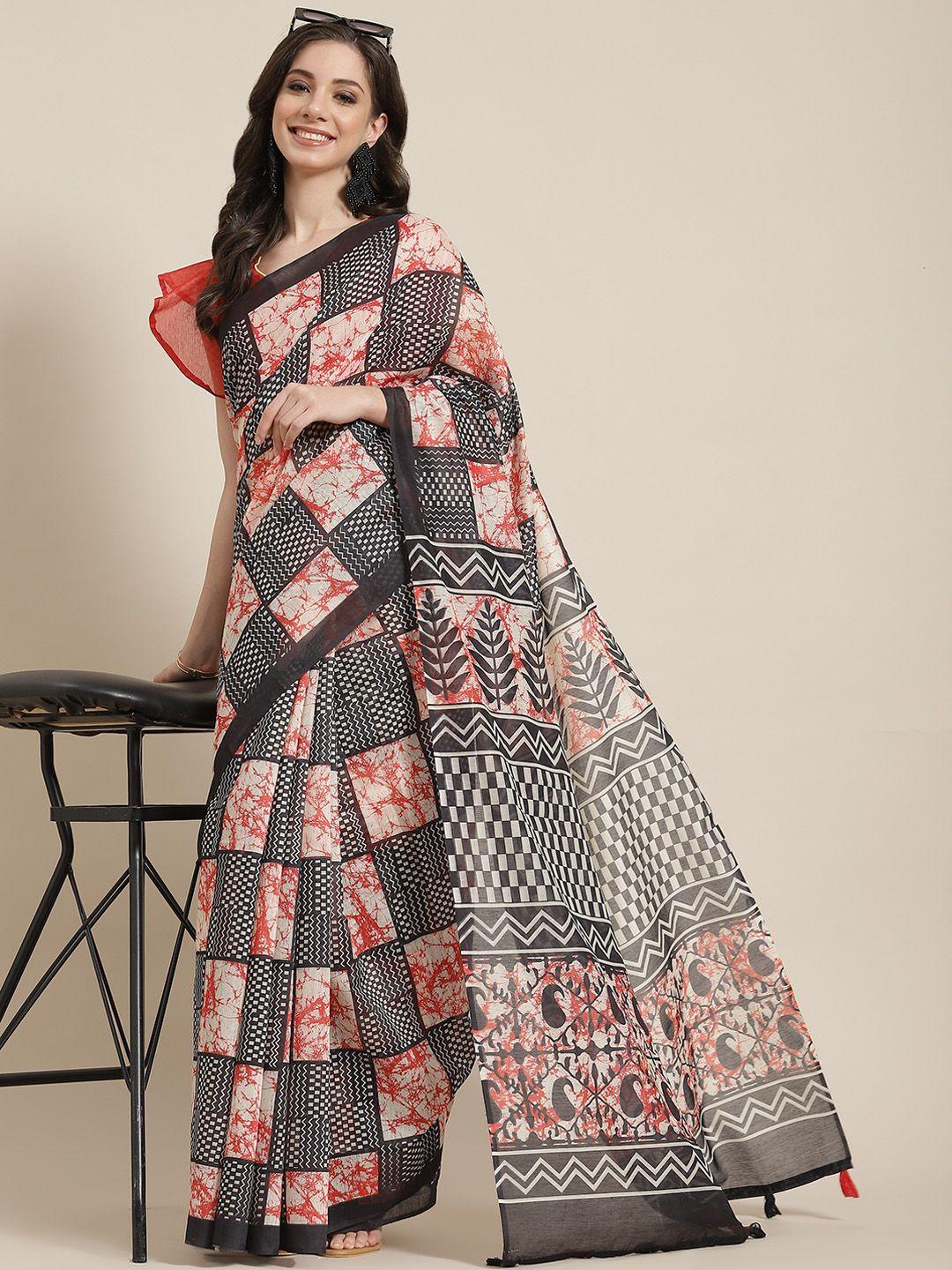 serona fabrics black & red linen blend saree