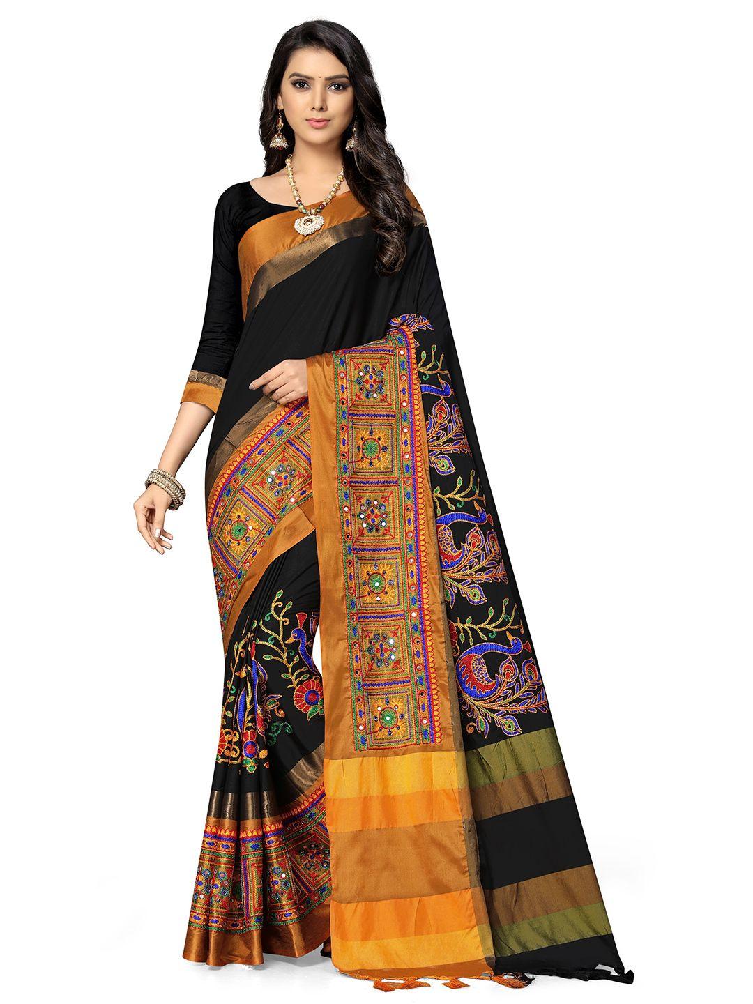 serona fabrics black & yellow ethnic motifs kutchi embroidery silk cotton saree