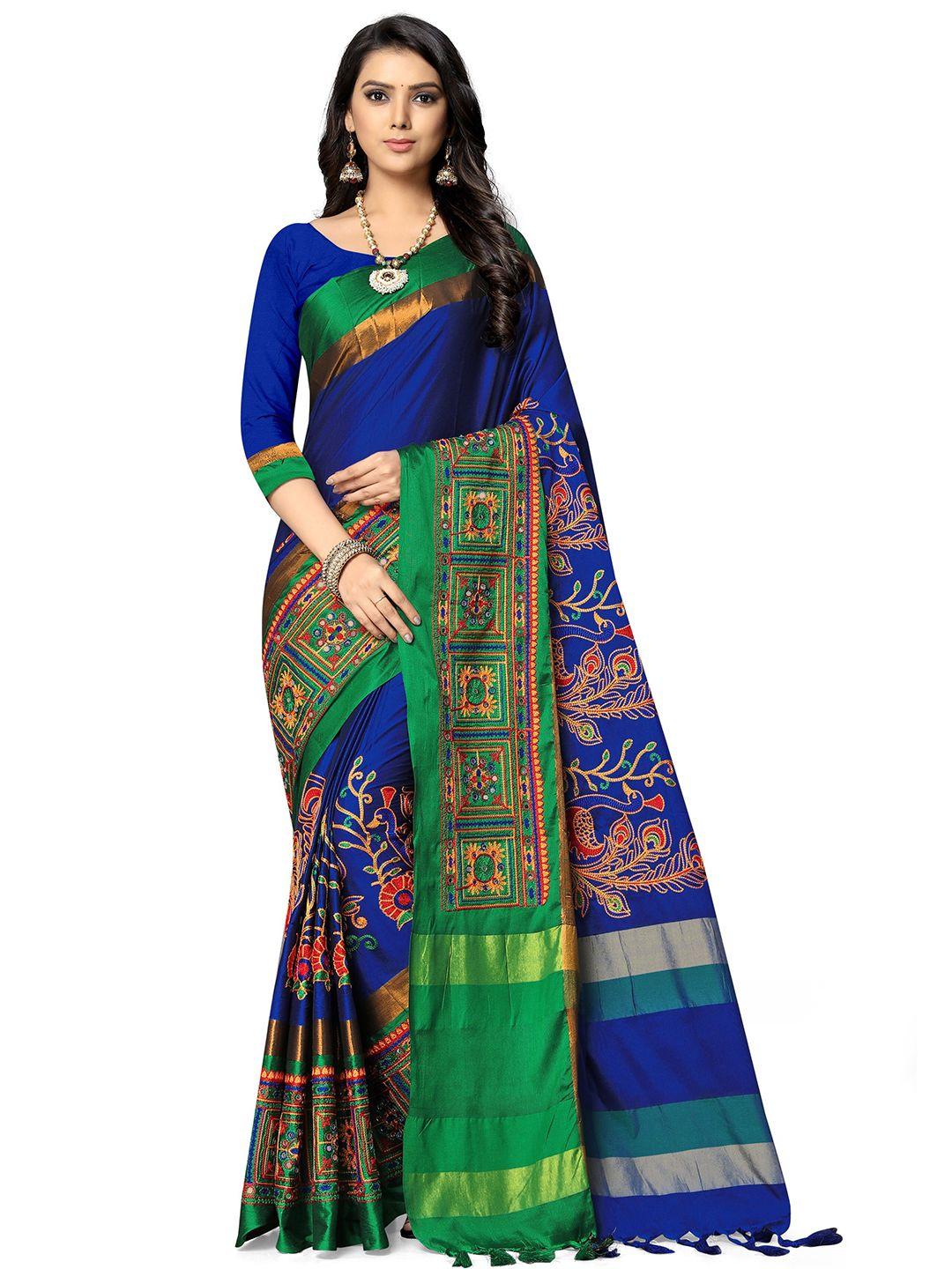 serona fabrics blue & green ethnic motifs kutchi embroidery silk cotton saree