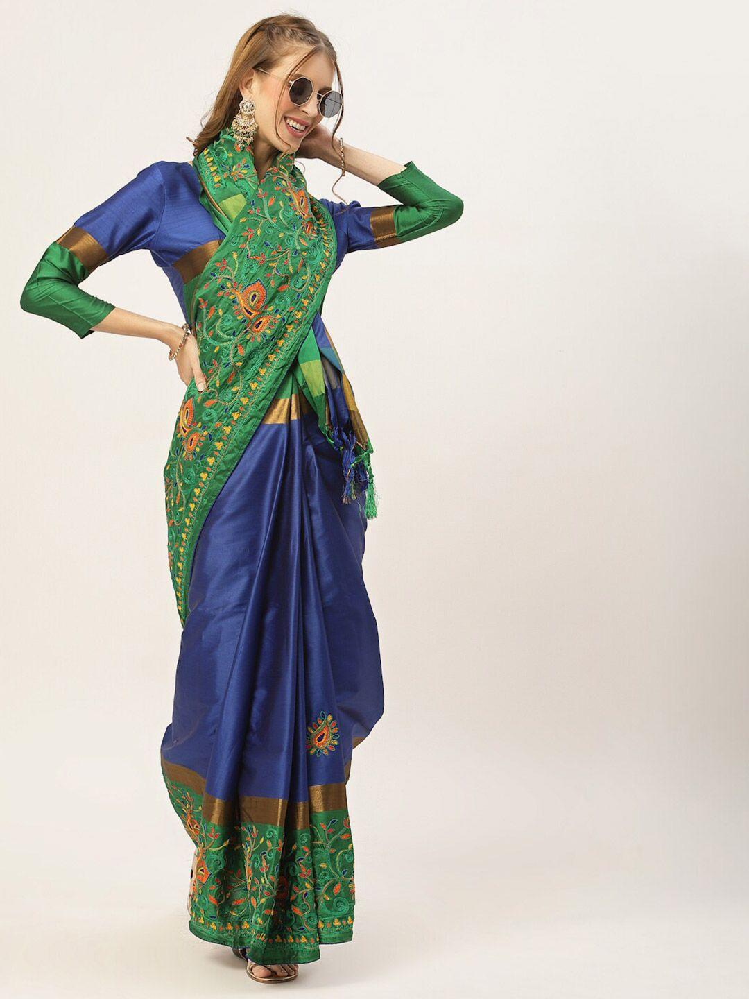 serona fabrics blue & green paisley embroidered silk cotton saree