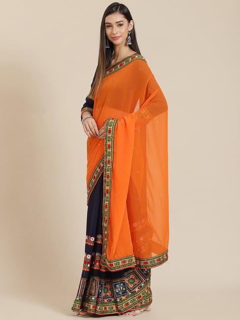 serona fabrics blue & orange embroidered saree with unstitched blouse