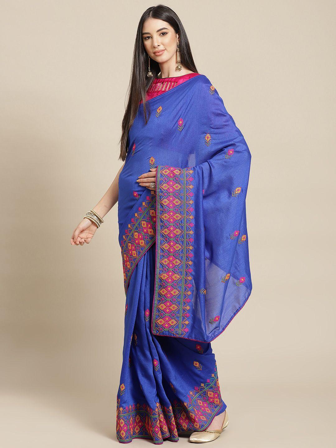serona fabrics blue & pink ethnic motifs pure georgette saree