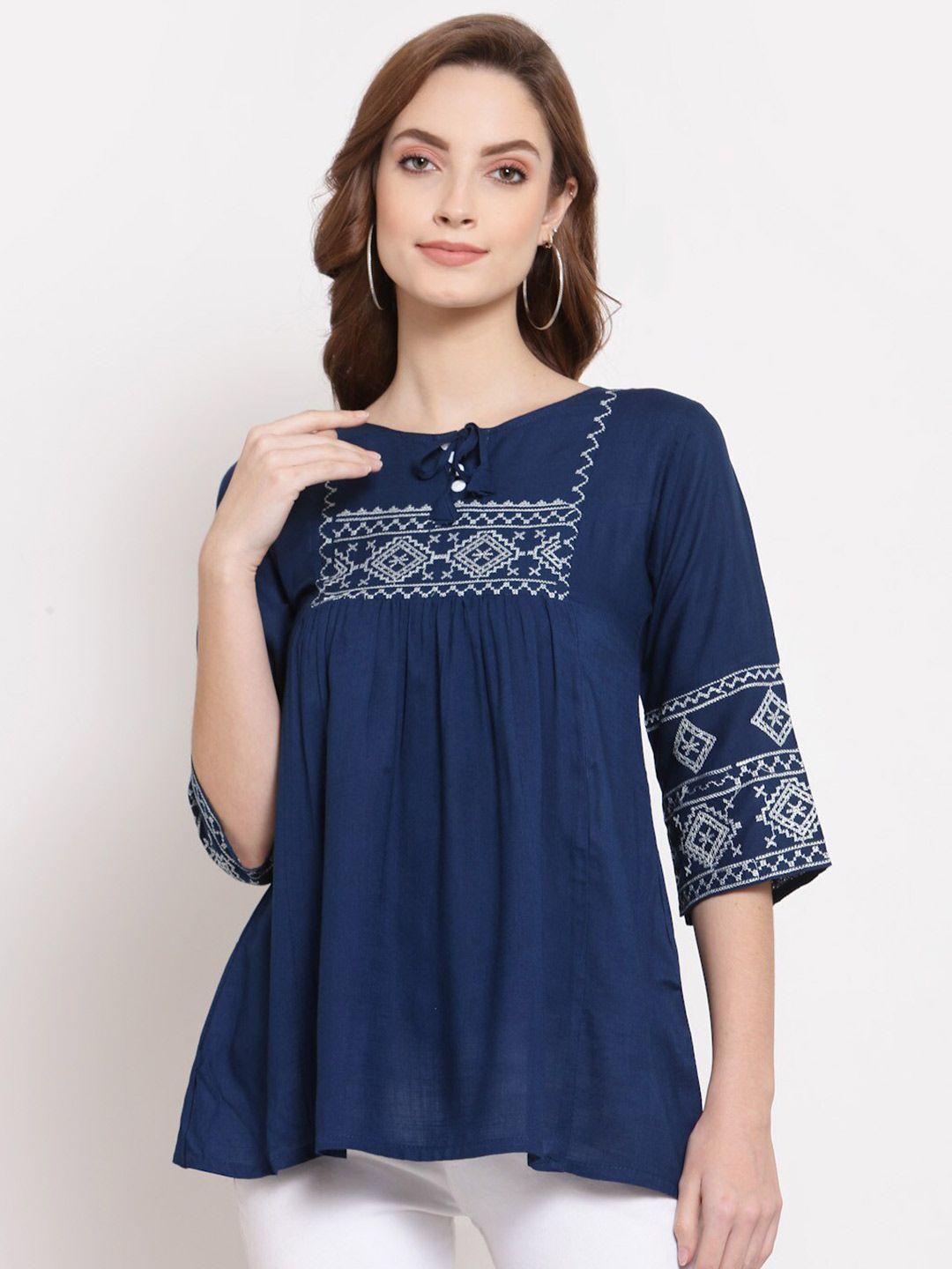 serona fabrics blue & white geometric embroidered kurti