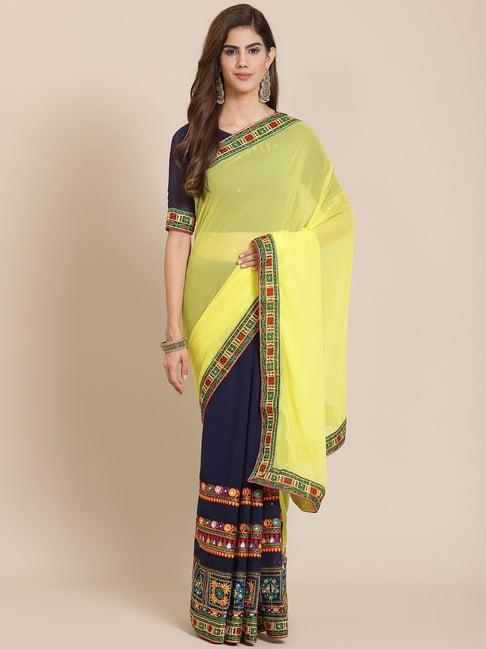 serona fabrics blue & yellow embroidered saree with unstitched blouse