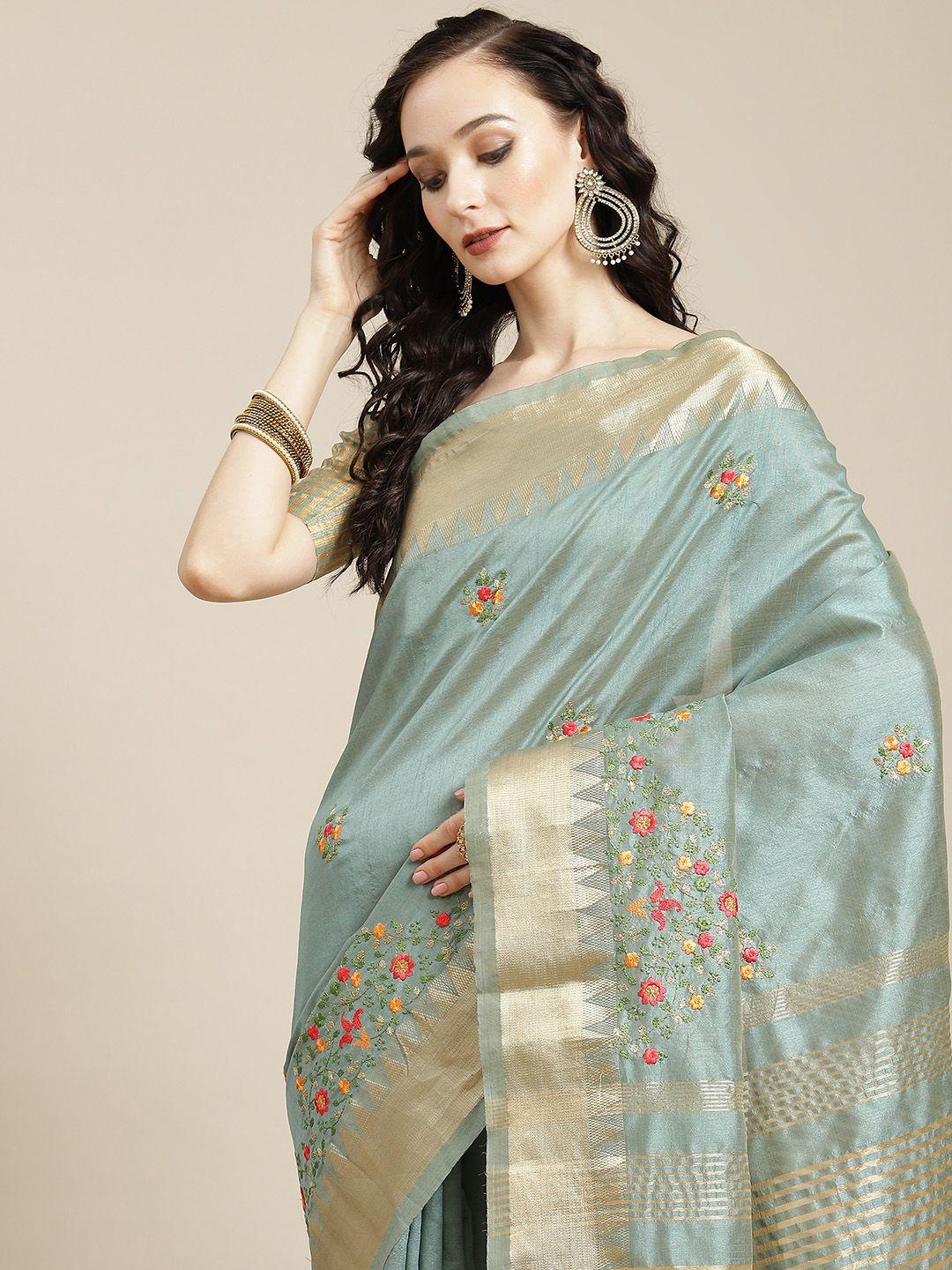 serona fabrics blue floral embroidered woven design silk cotton saree with blouse