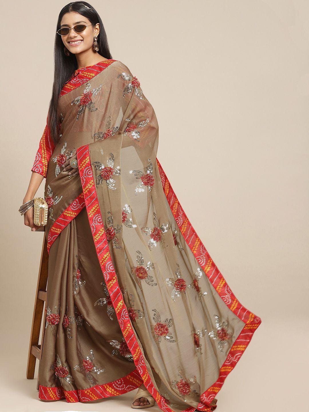 serona fabrics brown & red embellished sequinned heavy work saree