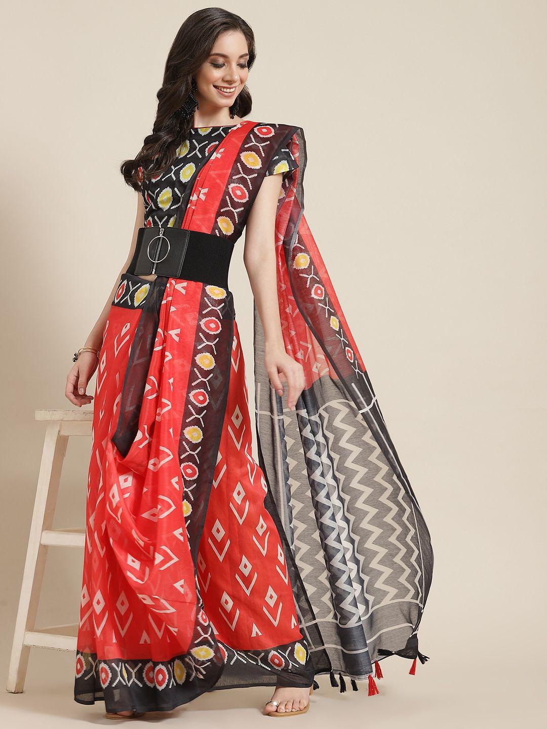 serona fabrics coral red & black ethnic motifs linen blend saree