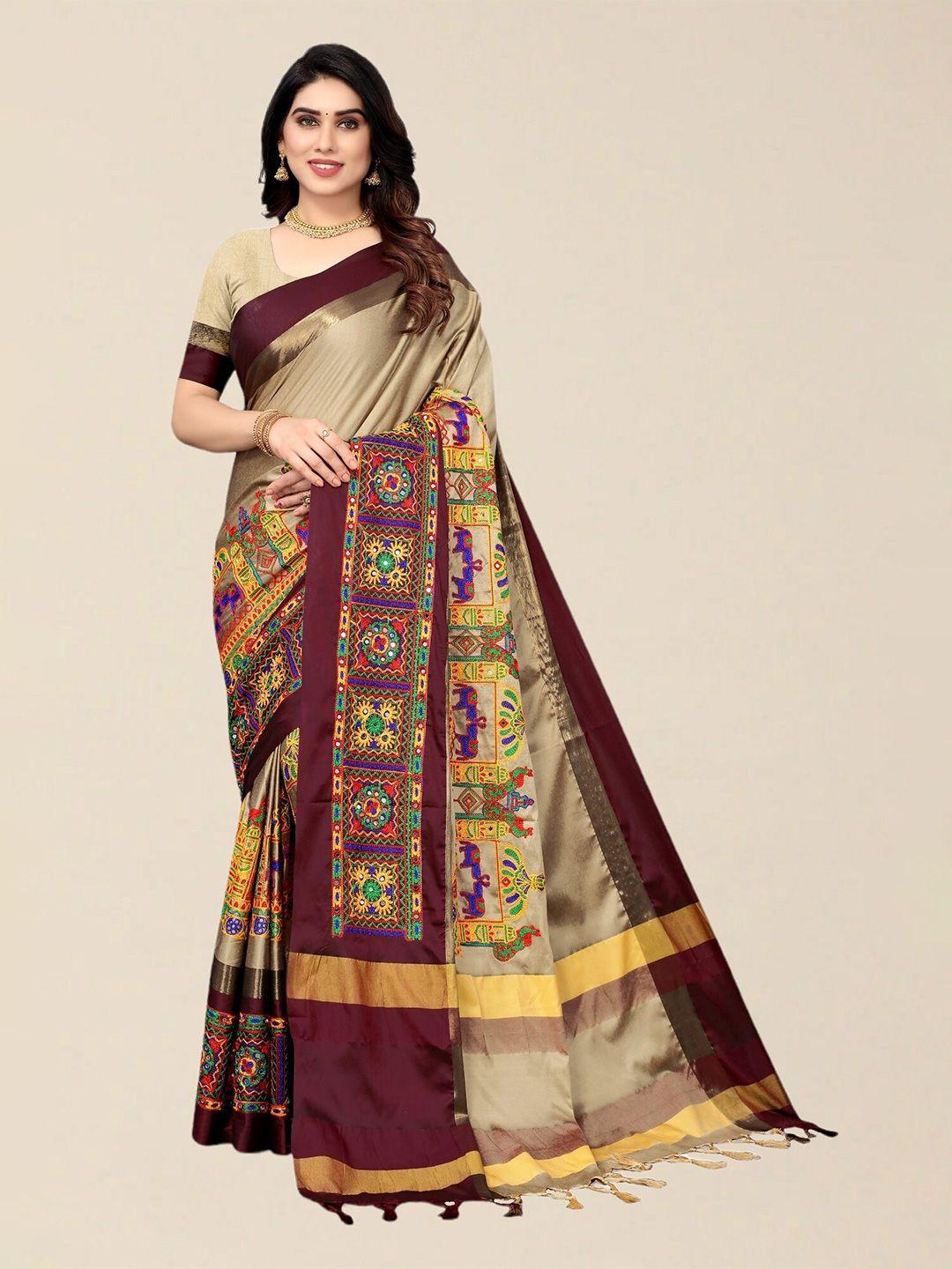 serona fabrics cream-coloured & gold-toned ethnic motifs kutchi embroidery silk cotton  saree