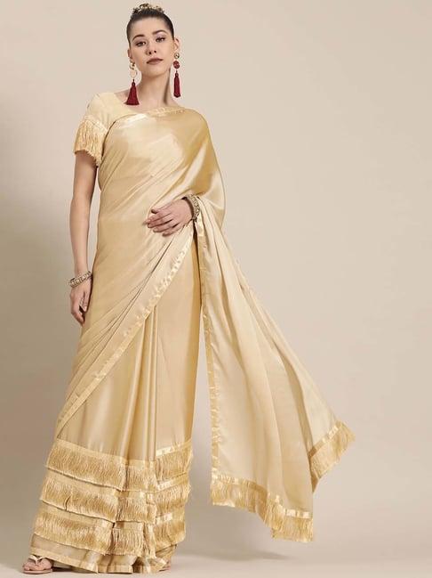 serona fabrics cream ruffle saree with unstitched blouse