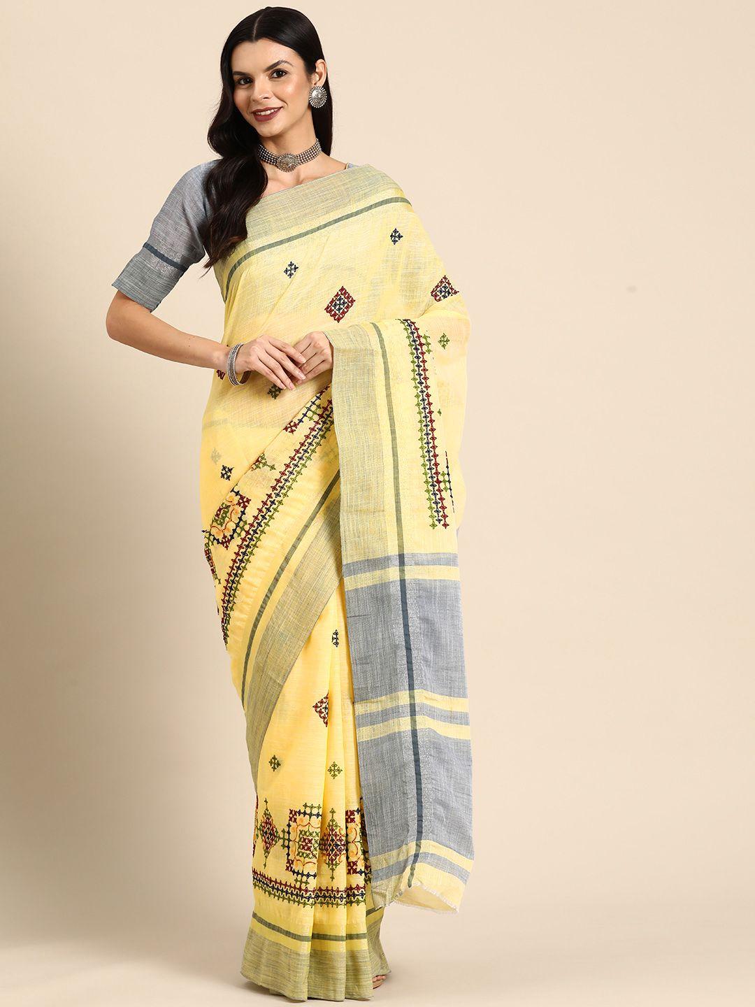 serona fabrics embroidered linen cotton saree