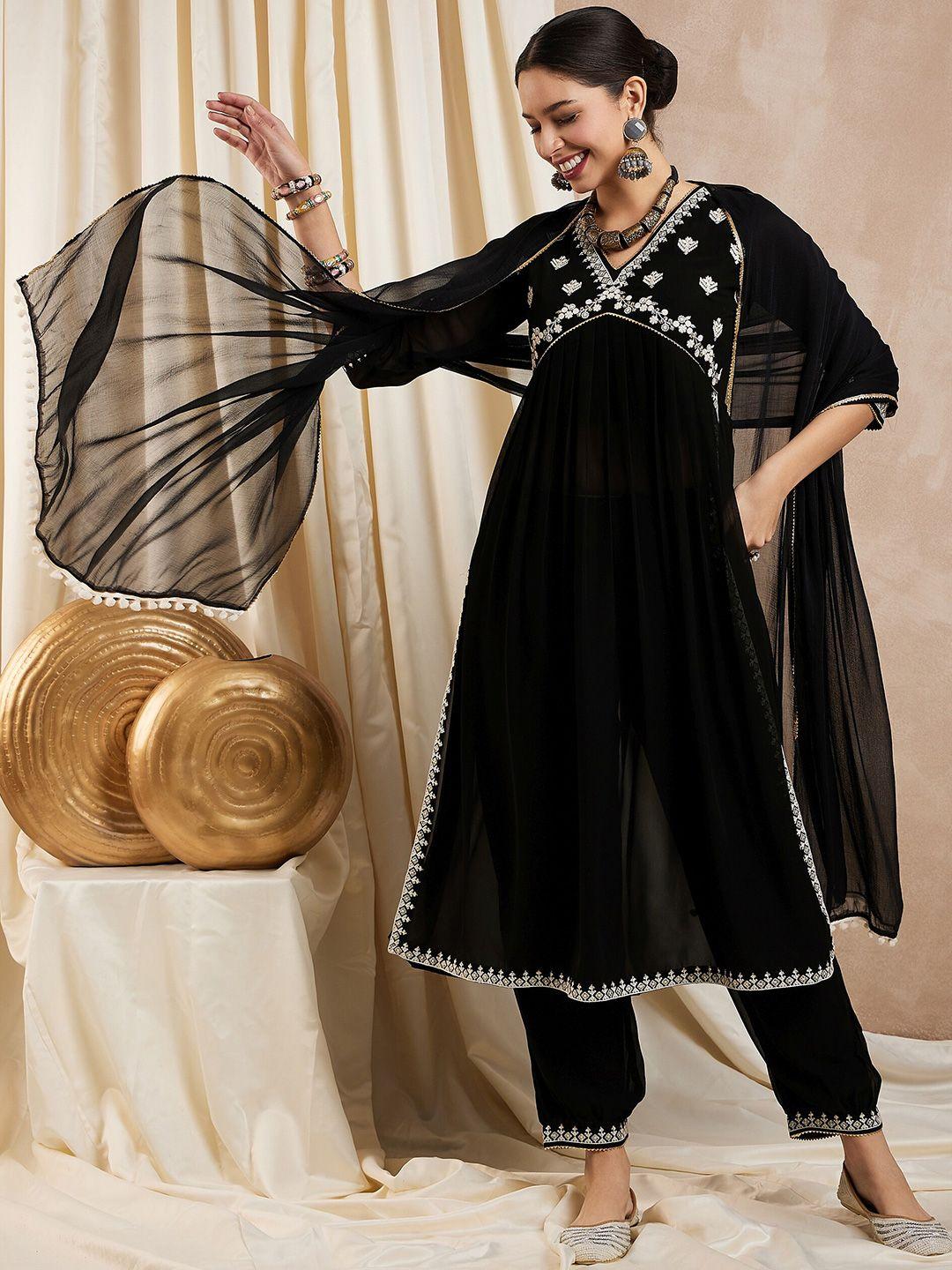 serona fabrics embroidered sequinned empire straight kurta with trouser & dupatta