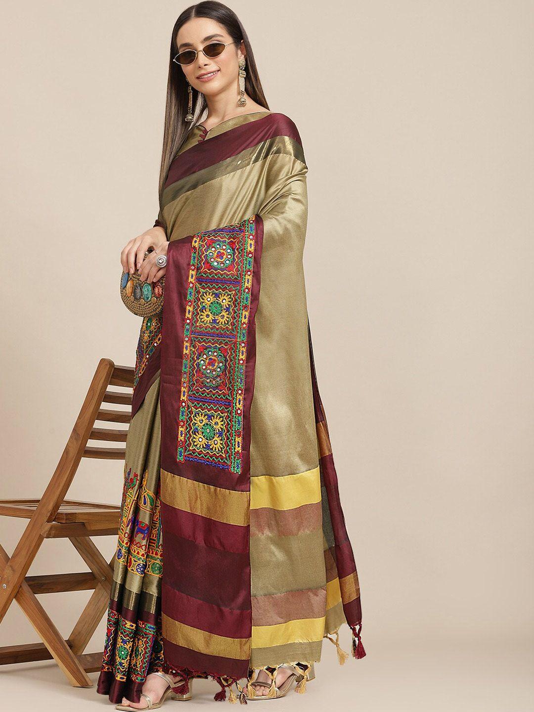 serona fabrics ethnic motifs embroidered mirror work silk cotton saree