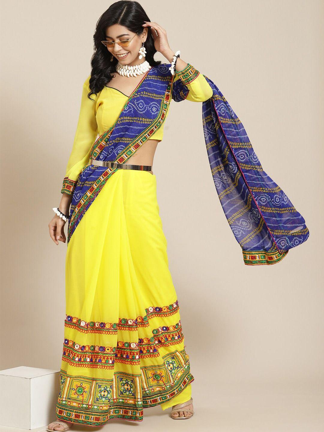 serona fabrics ethnic motifs embroidered pure georgette half and half bandhani saree