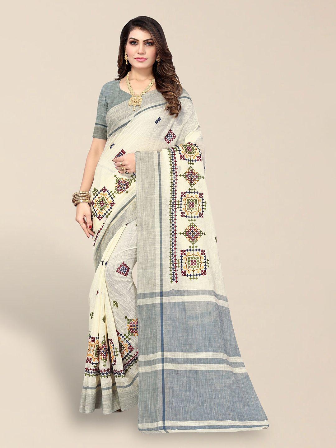 serona fabrics ethnic motifs embroidered pure linen saree