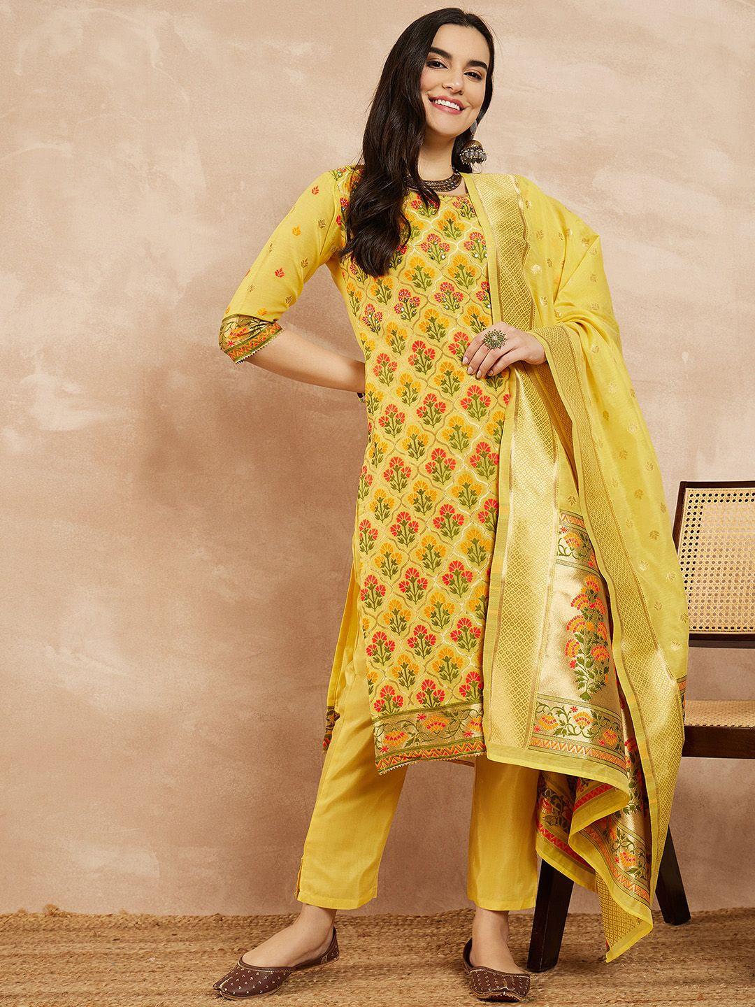 serona fabrics ethnic motifs printed jacquard kurta with trousers & dupatta