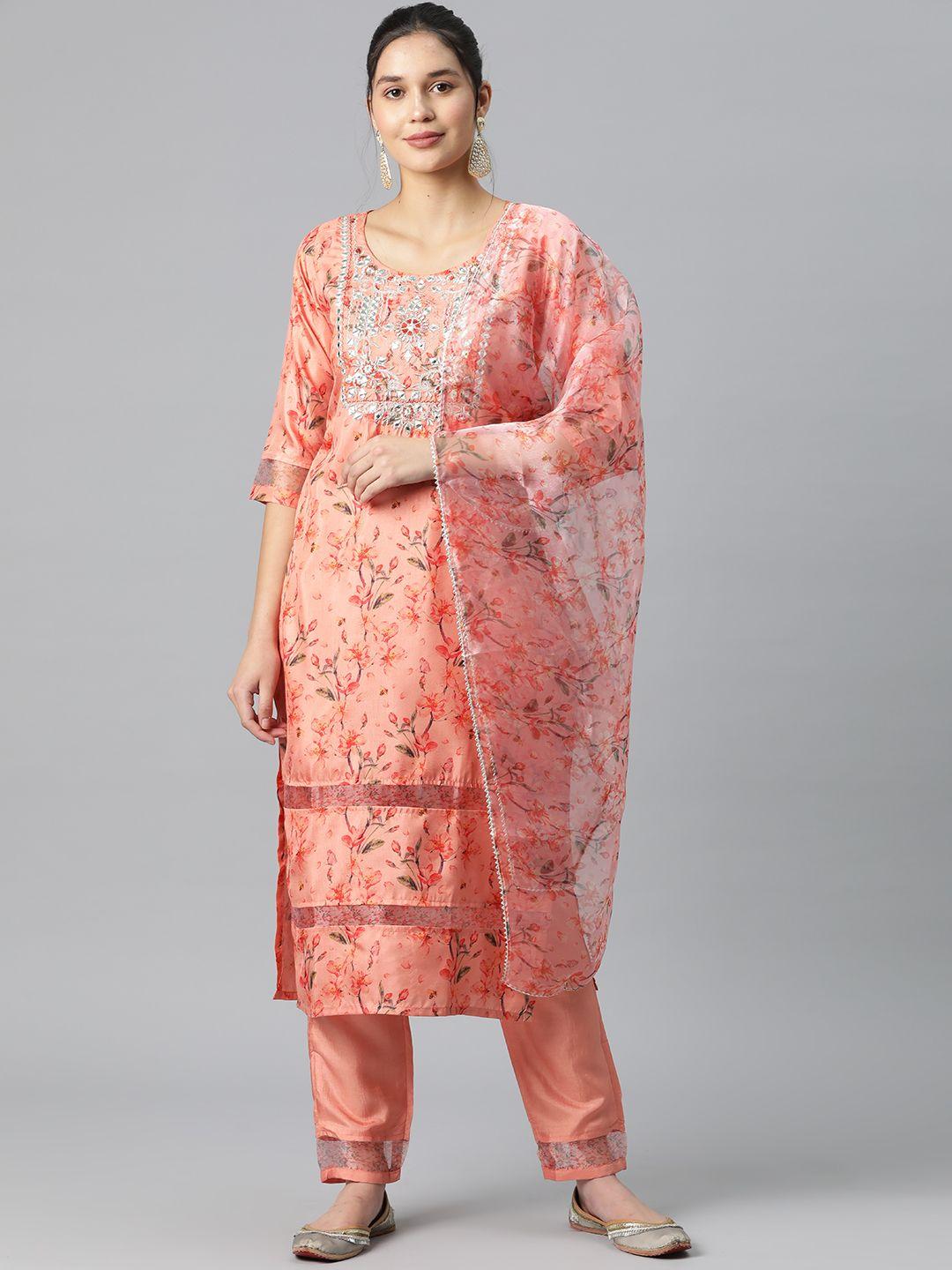 serona fabrics floral embroidered mirror work kurta with trousers & dupatta