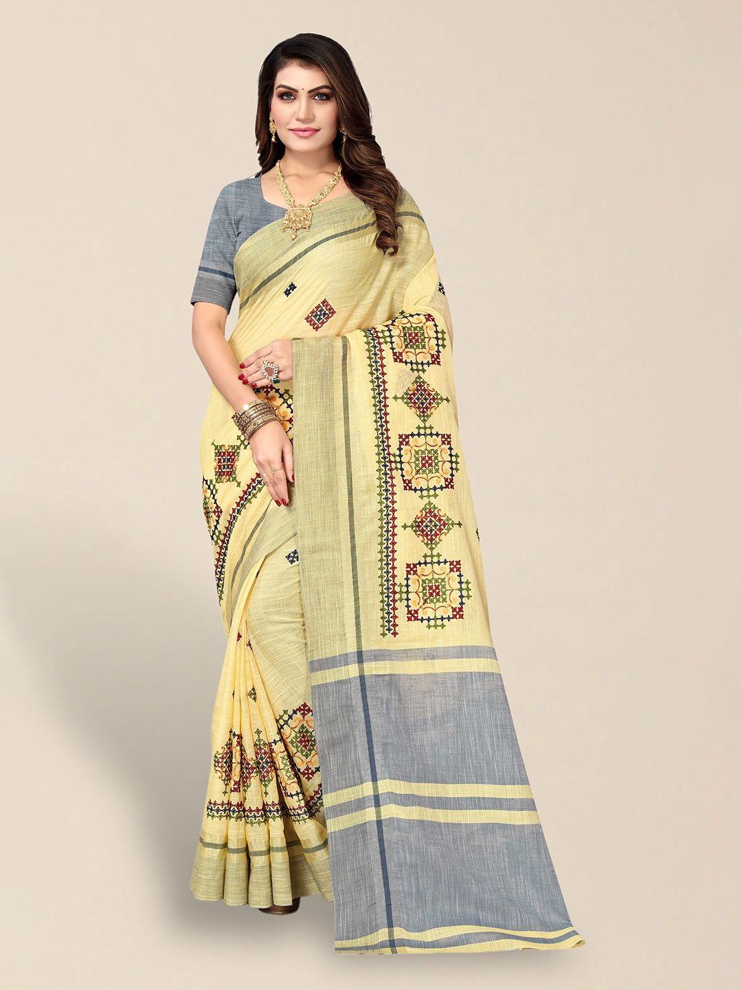 serona fabrics floral embroidered pure linen saree