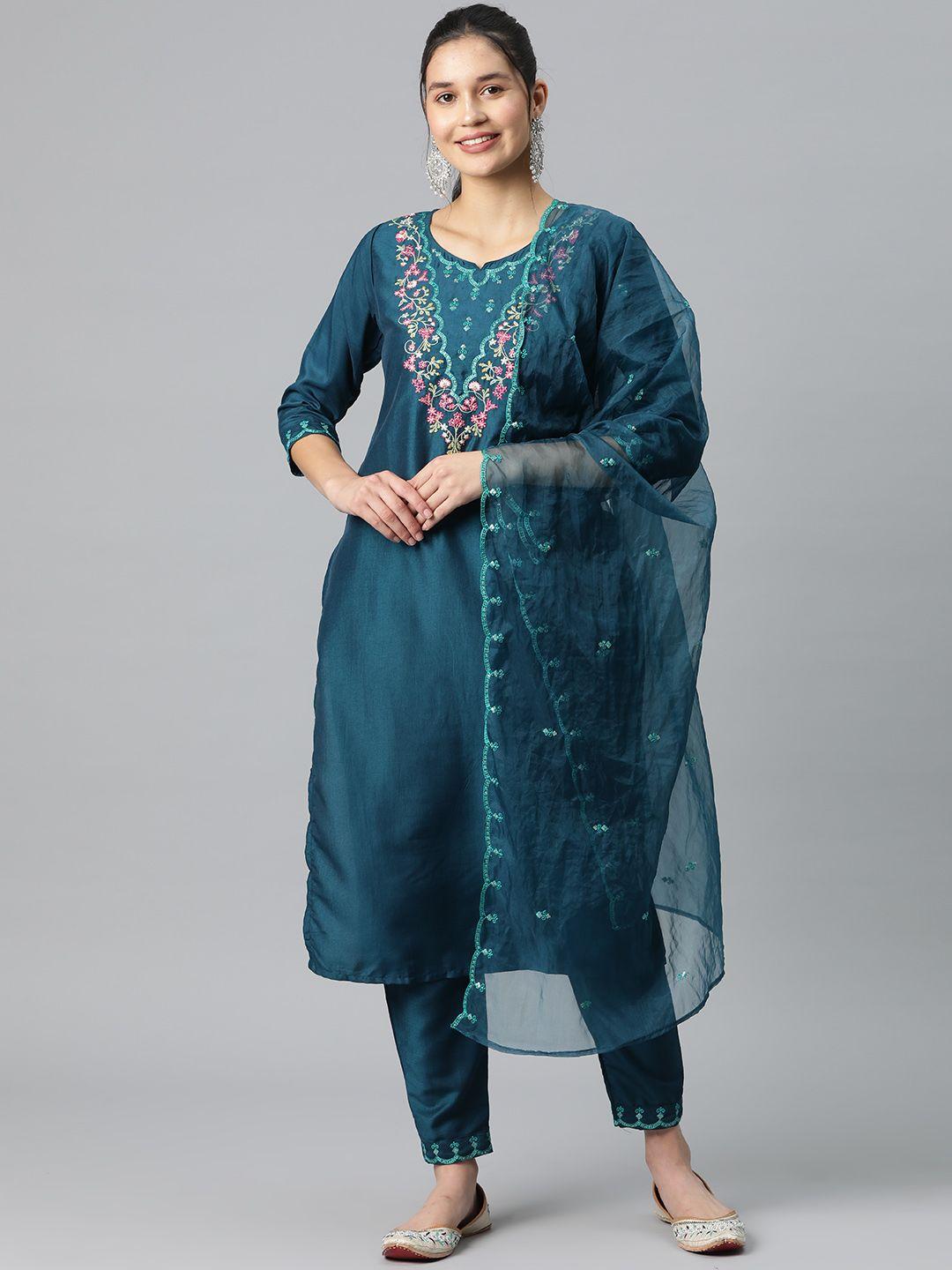 serona fabrics floral embroidered sequinned kurta with trousers & dupatta