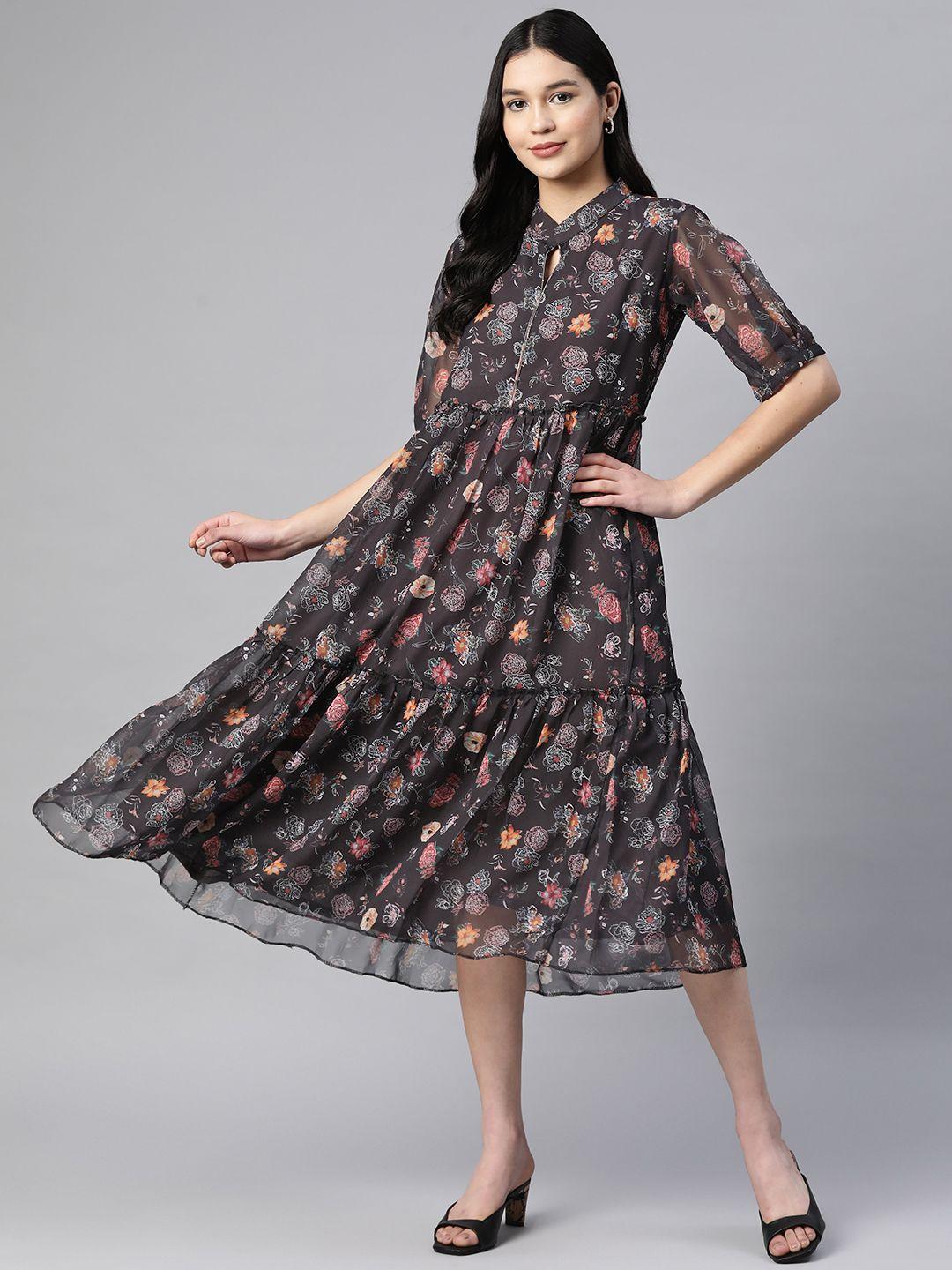 serona fabrics floral print puff sleeves tiered georgette a-line midi dress