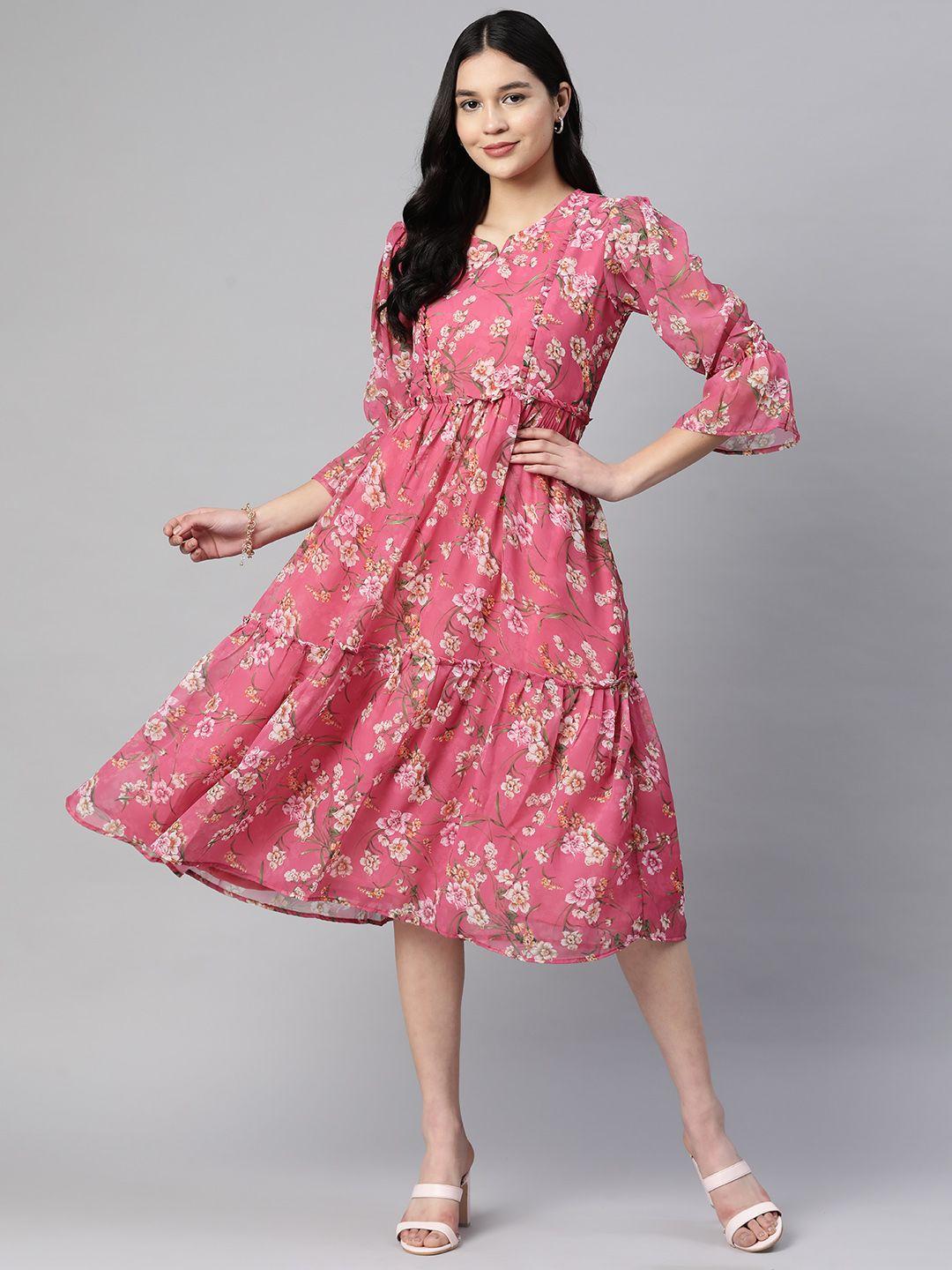 serona fabrics floral print puff sleeves tiered georgette midi dress
