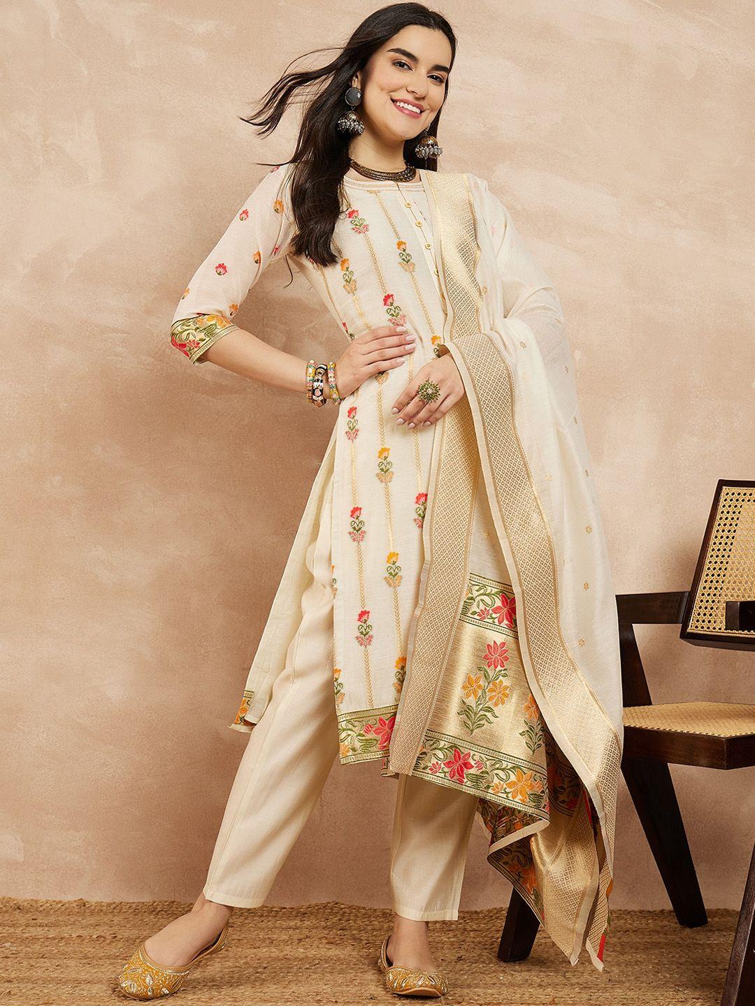 serona fabrics floral woven design chanderi cotton kurta & trousers with dupatta