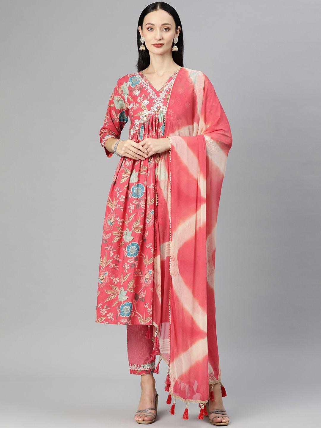 serona fabrics floral yoke design pleated gotta patti cotton kurta with trousers & dupatta